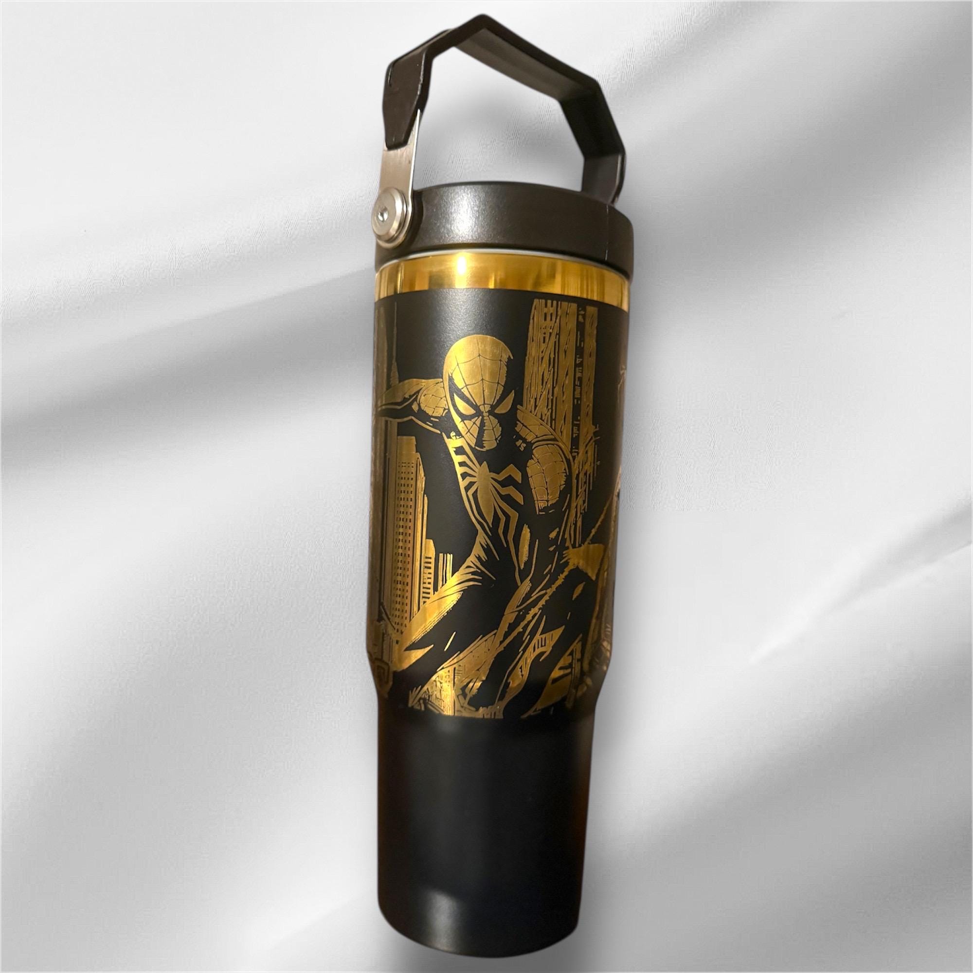 30z Gold Accent Spider-Man Tumbler | Laser Engraved Tumbler | Handle, Lid and Straw Included