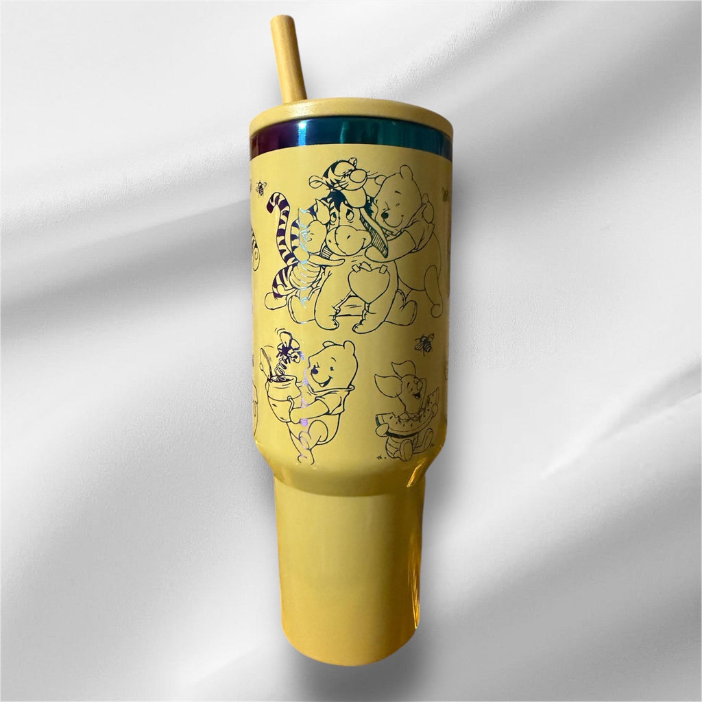 Winnie the Pooh Tumbler: 40 oz Yellow Rainbow Plated Laser Engraved Cup