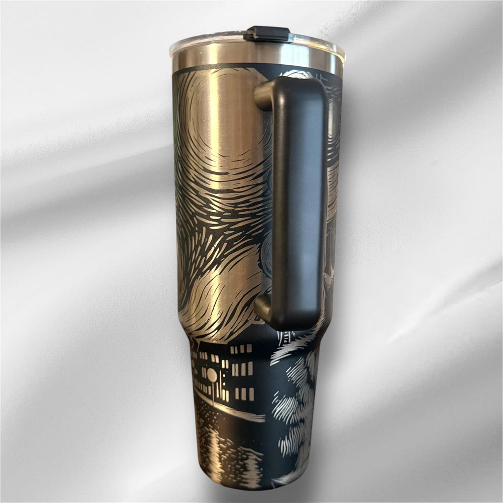 40z Black Cat Van Gogh Tumbler | Laser Engraved Tumbler | Handle, Lid and Straw Included.