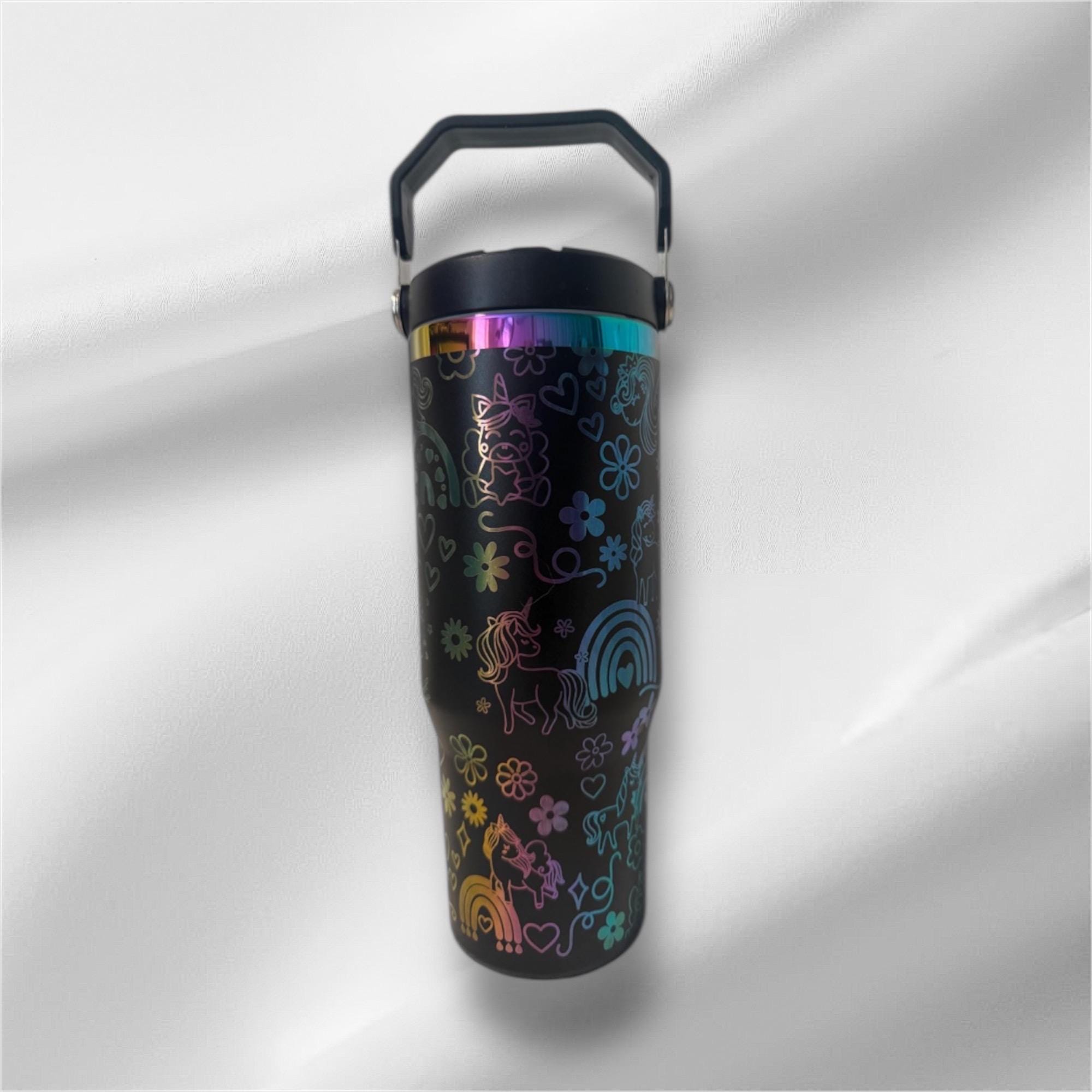 Rainbow Unicorn Laser Engraved Tumbler - 30oz with Handle & Lid
