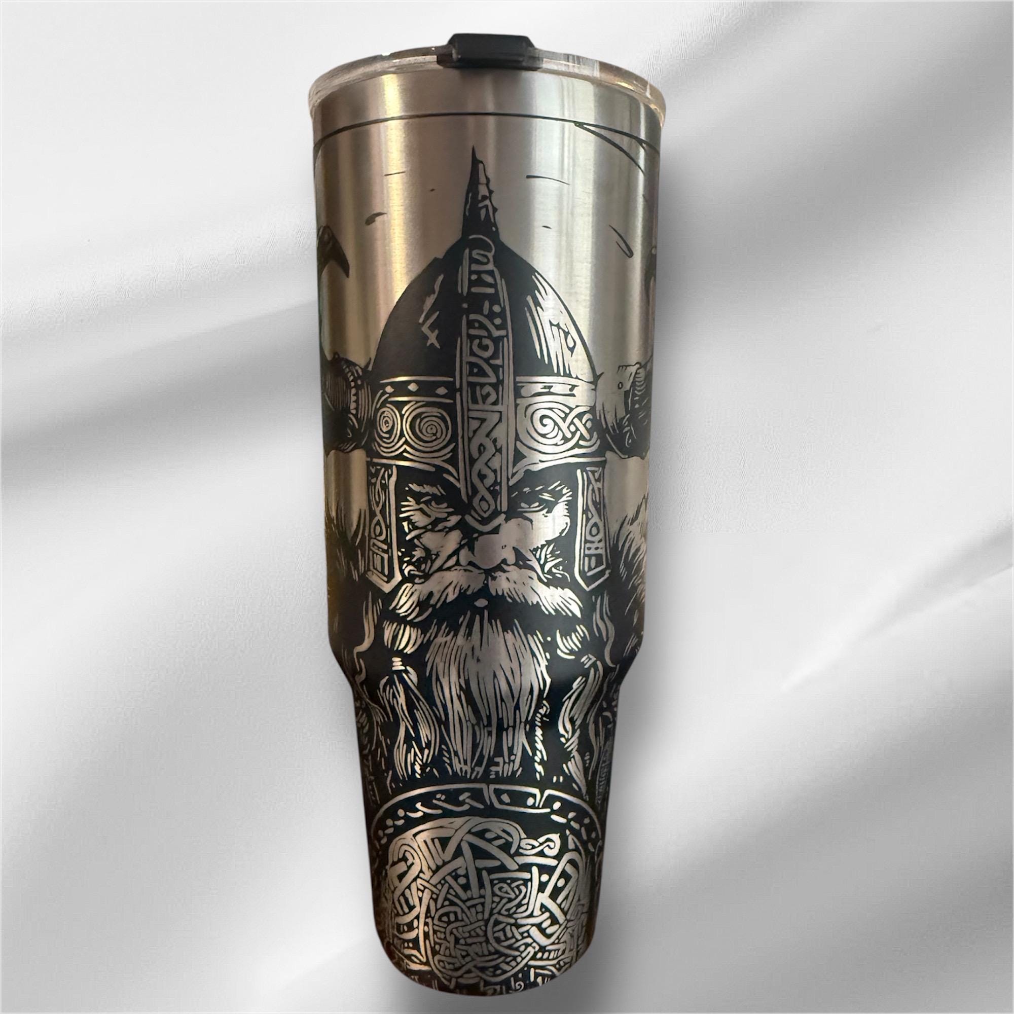 40z Black Viking Tumbler | Laser Engraved Tumbler | Handle, Lid and Straw Included.