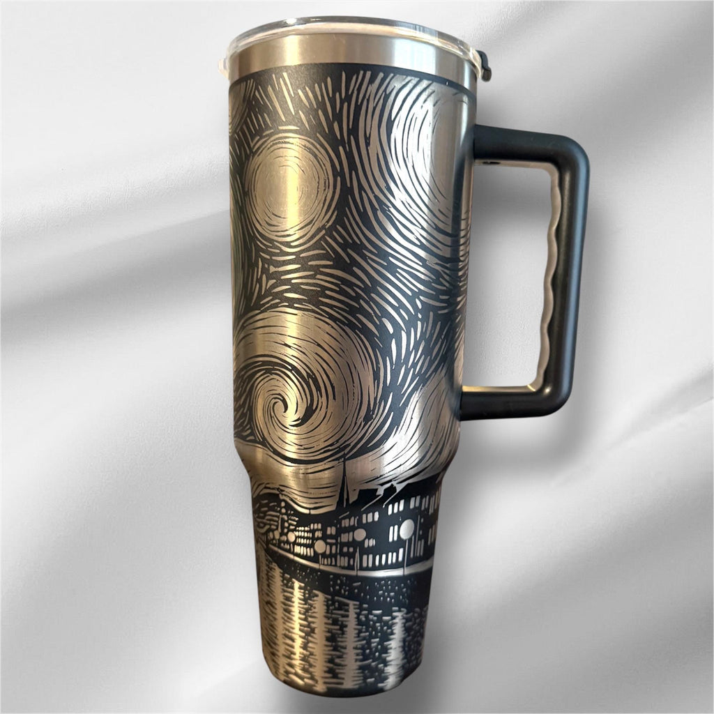 40z Black Cat Van Gogh Tumbler | Laser Engraved Tumbler | Handle, Lid and Straw Included.