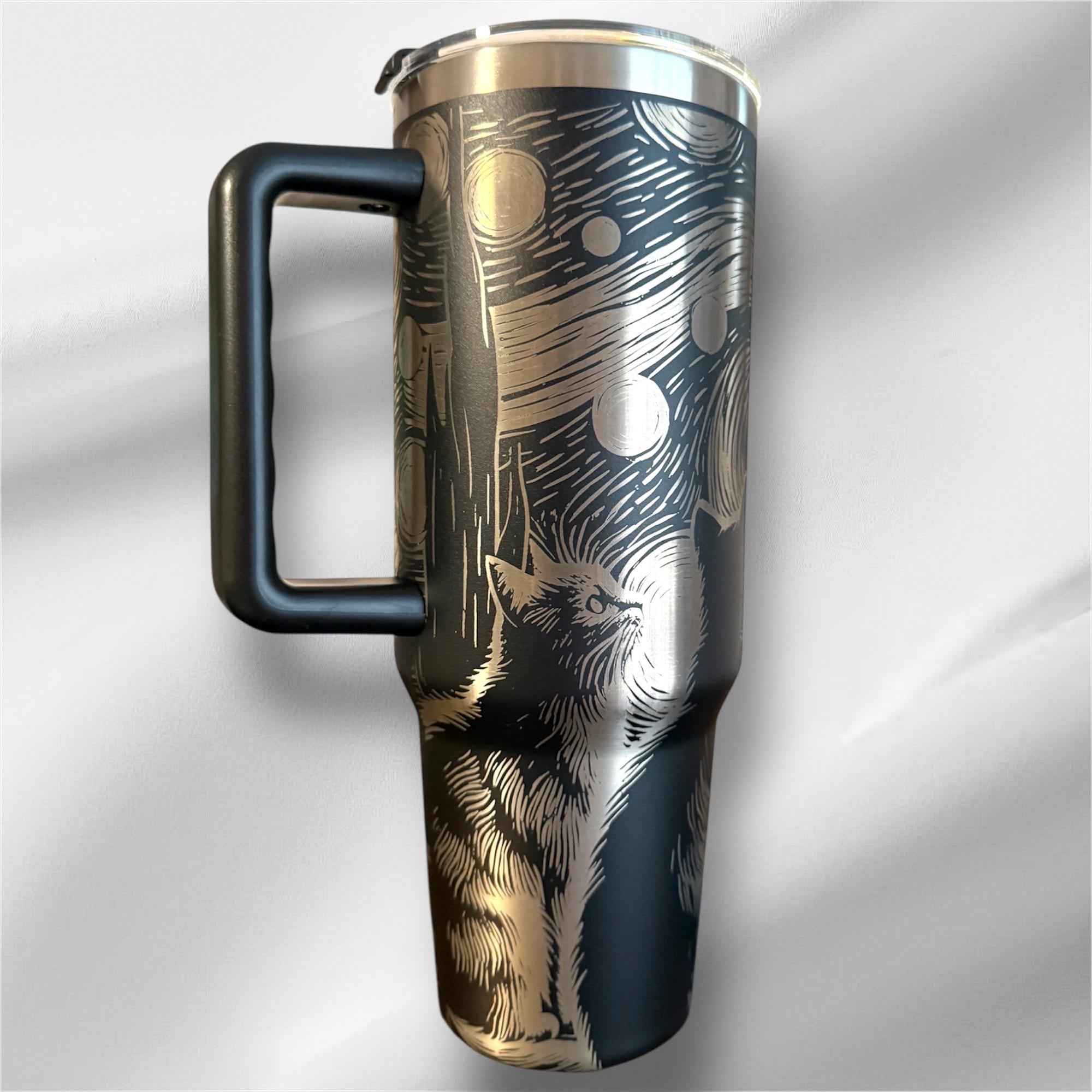 40z Black Cat Van Gogh Tumbler | Laser Engraved Tumbler | Handle, Lid and Straw Included.