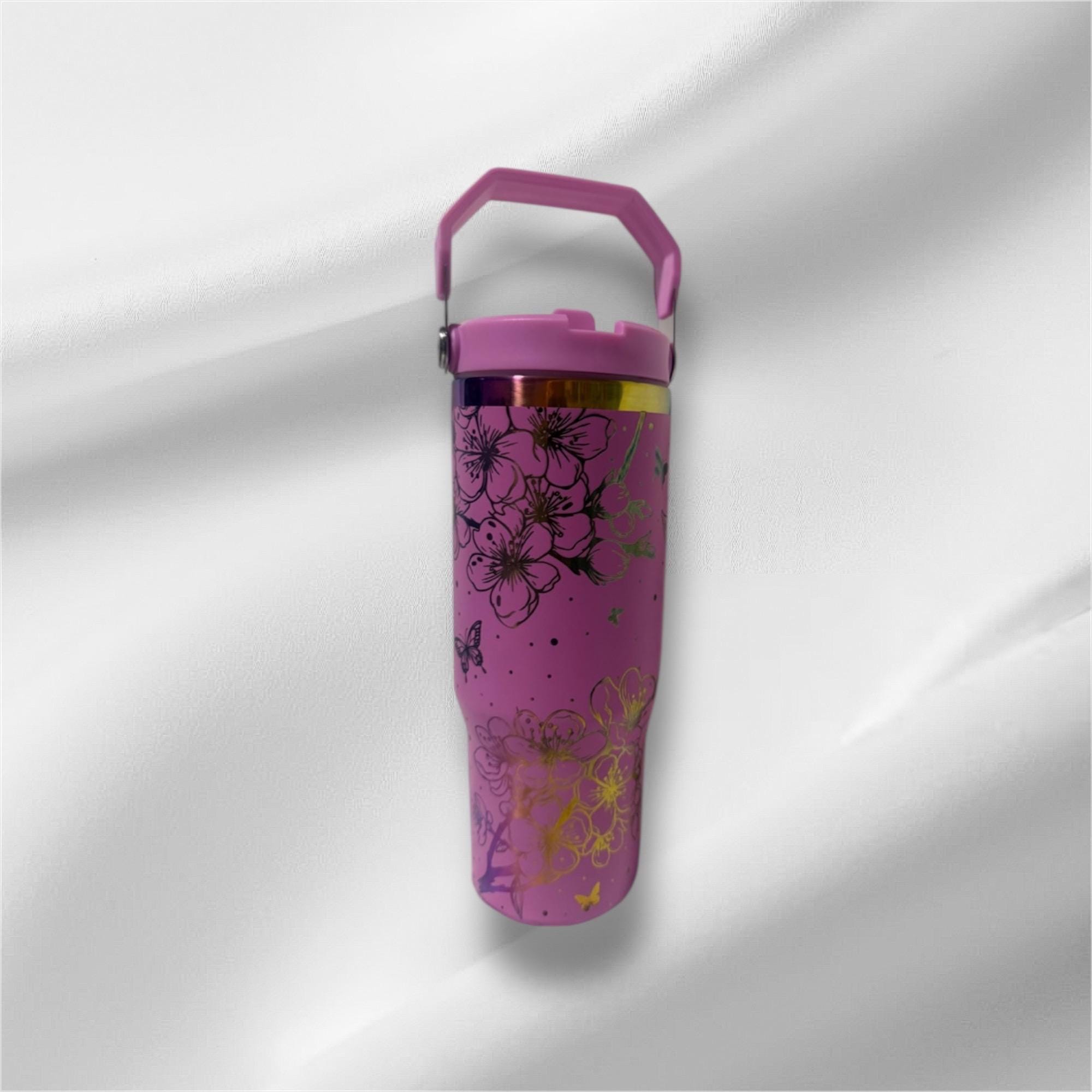 30z Rainbow Accent Cherry Blossom Tumbler | Laser Engraved Tumbler | Handle, Lid and Straw Included