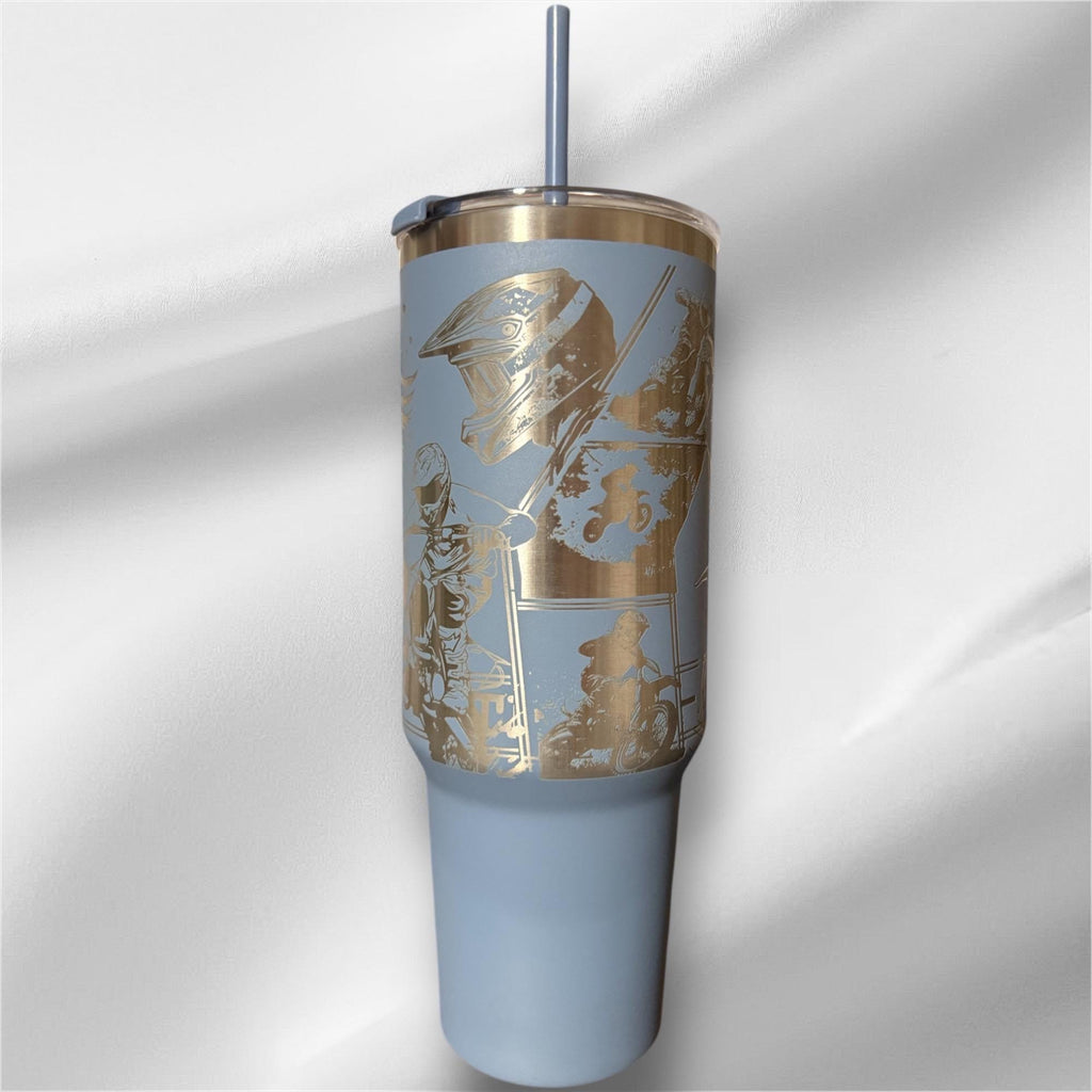 40z Dirt Bike Racer Tumbler | Laser Engraved Tumbler | Handle, Lid and Straw Included.