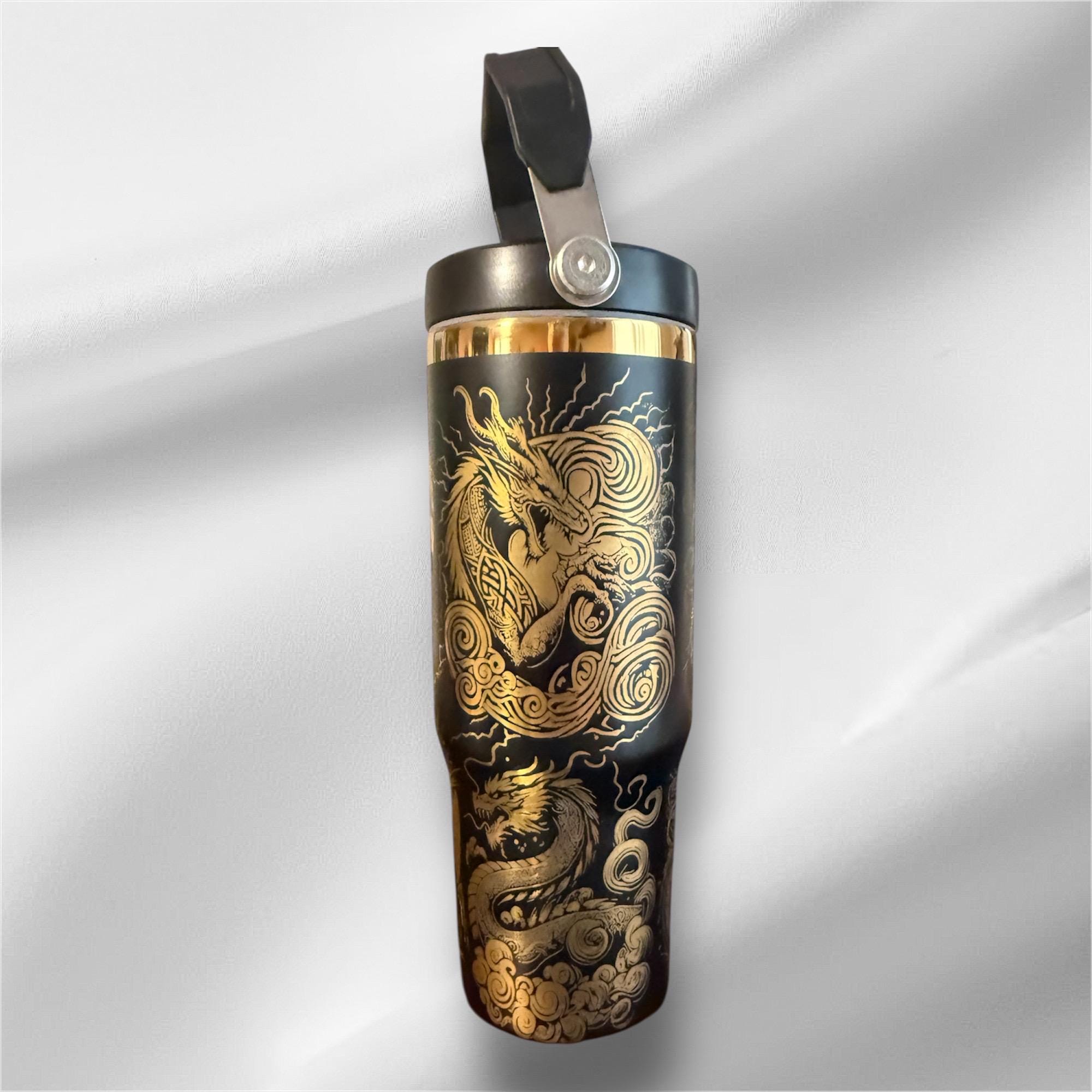 30z Gold Accent Dragon Tumbler | Laser Engraved Tumbler | Handle, Lid and Straw Included