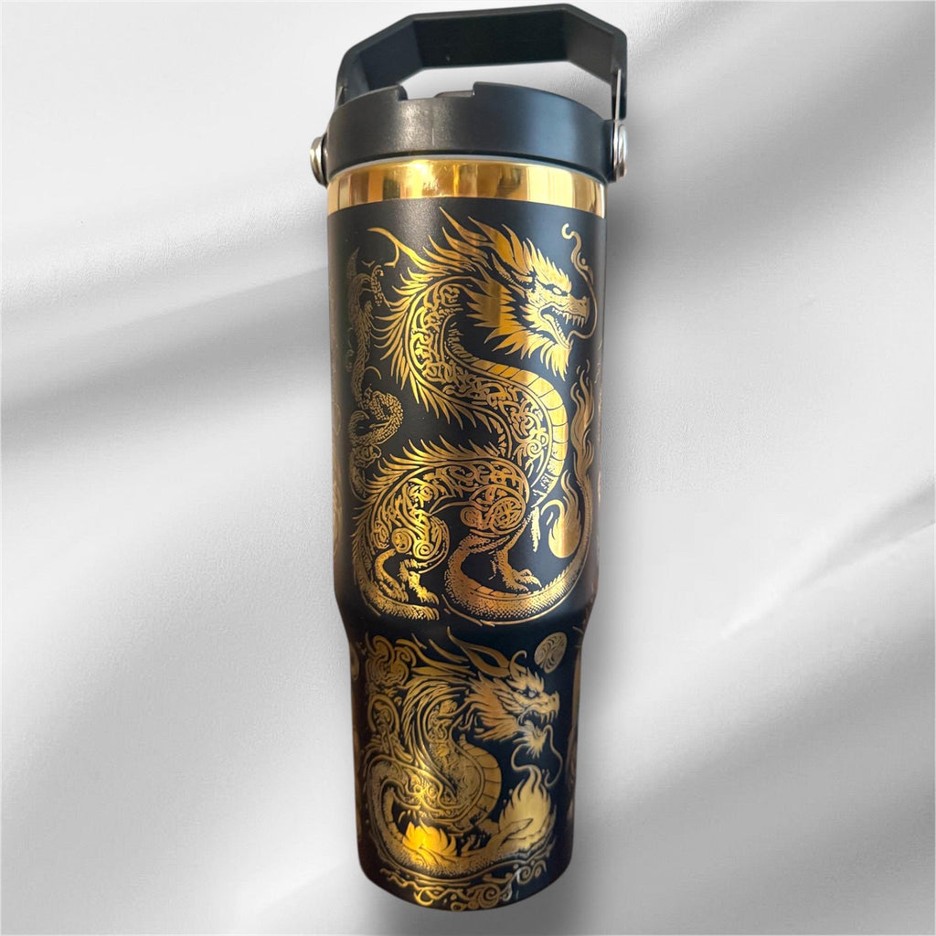 30z Gold Accent Dragon Tumbler | Laser Engraved Tumbler | Handle, Lid and Straw Included