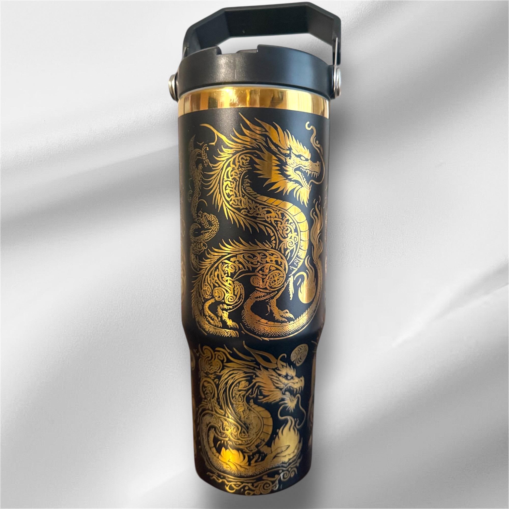30z Gold Accent Dragon Tumbler | Laser Engraved Tumbler | Handle, Lid and Straw Included