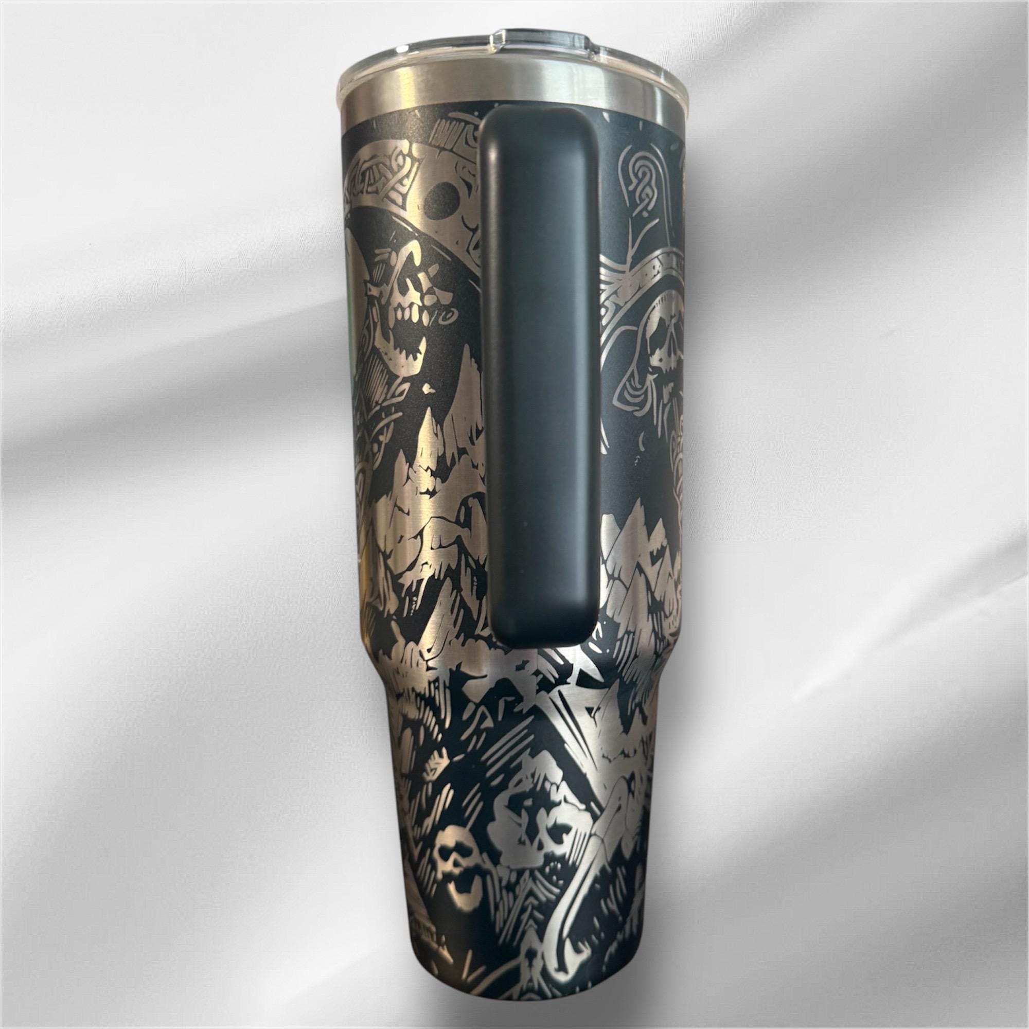 40z Black Viking Tumbler | Laser Engraved Tumbler | Handle, Lid and Straw Included.