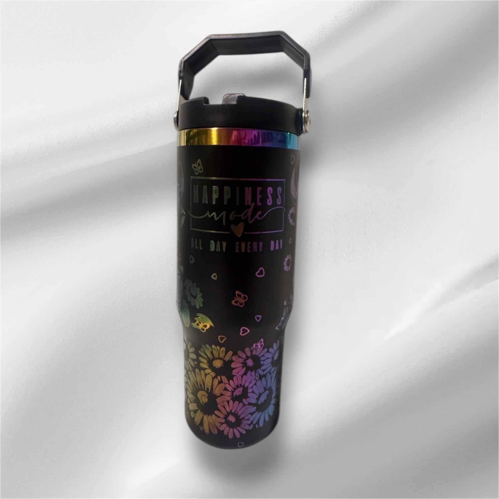 30z Rainbow Plated Highland Cow Tumbler | Laser Engraved Tumbler | Handle, Lid and Straw Included