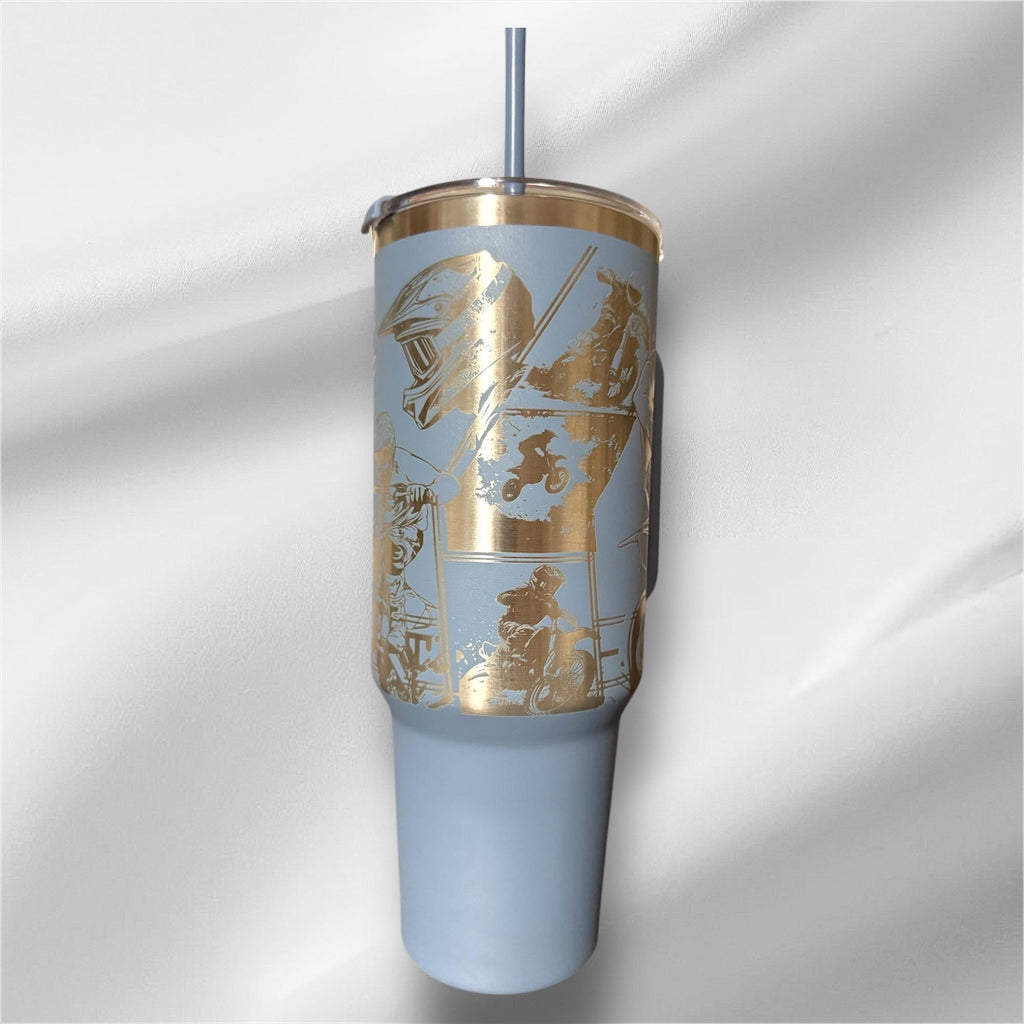 40z Dirt Bike Racer Tumbler | Laser Engraved Tumbler | Handle, Lid and Straw Included.