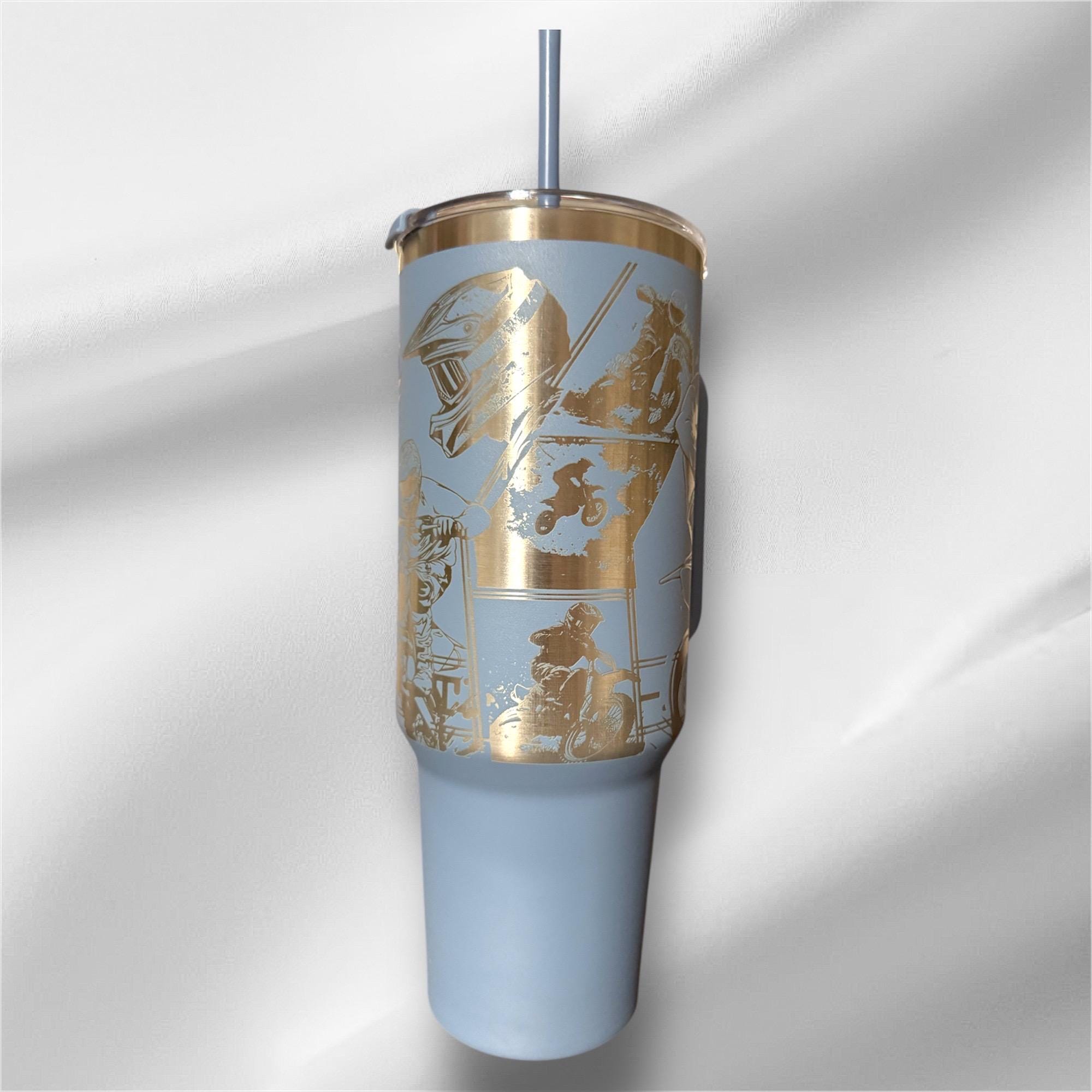 40z Dirt Bike Racer Tumbler | Laser Engraved Tumbler | Handle, Lid and Straw Included.