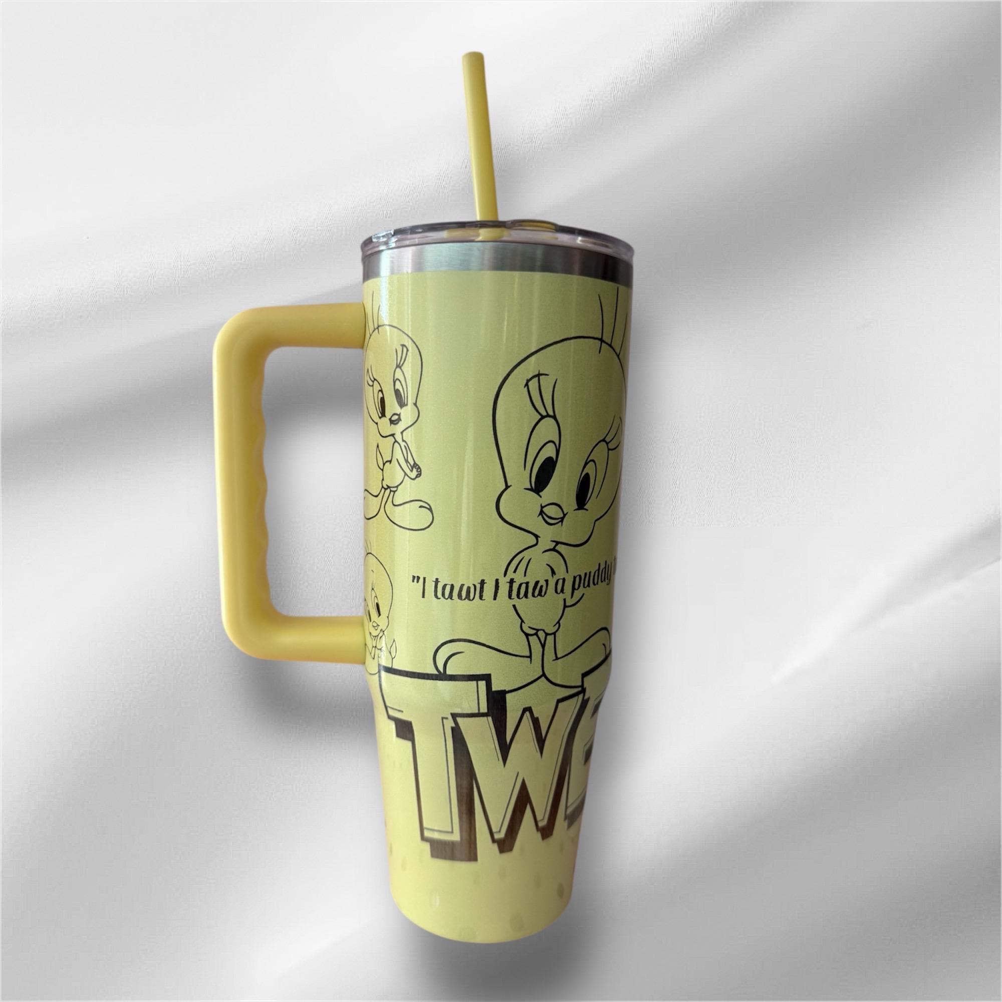 30z Yellow Pearlized Tweety Bird Tumbler | Laser Engraved Tumbler | Handle, Lid and Straw Included
