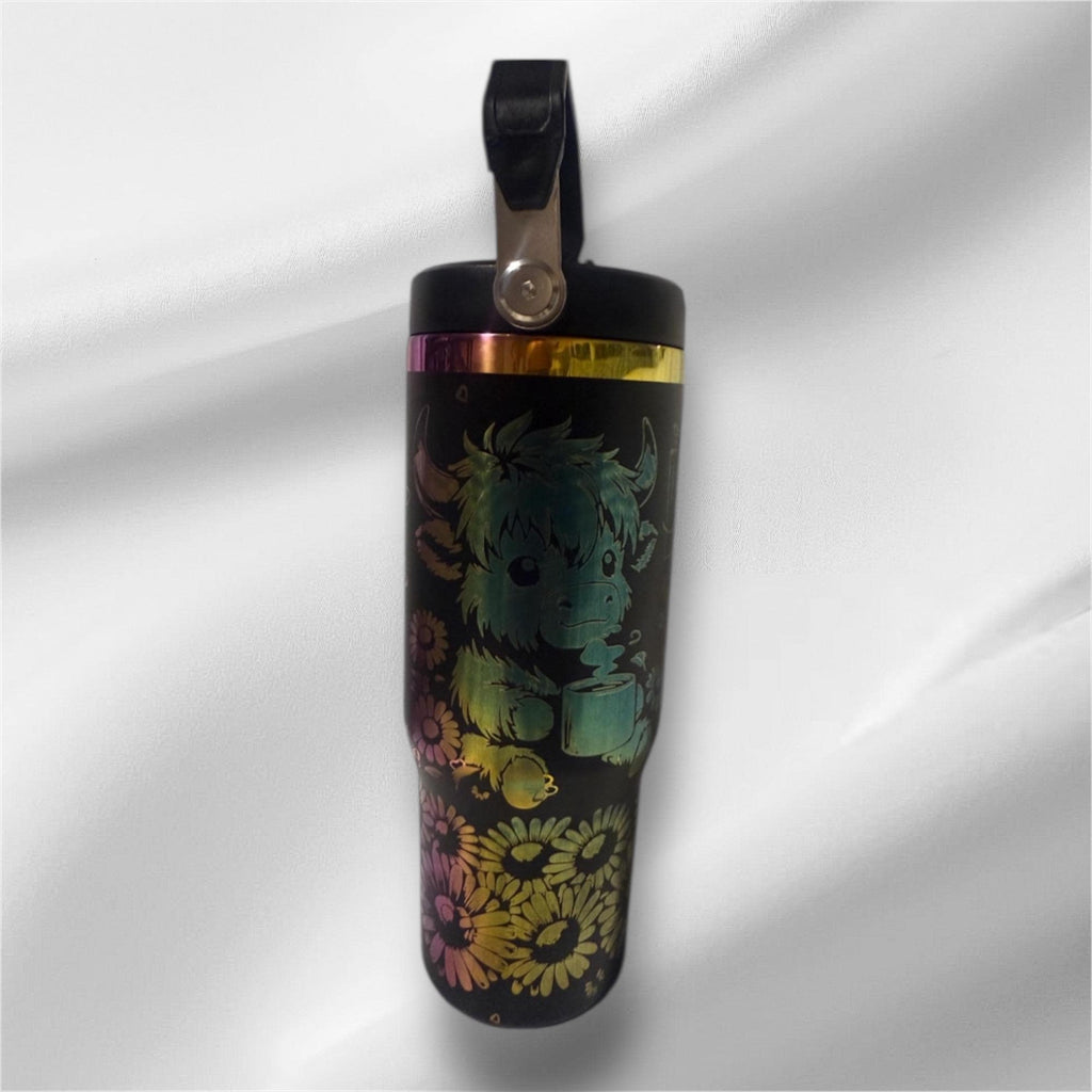 30z Rainbow Plated Highland Cow Tumbler | Laser Engraved Tumbler | Handle, Lid and Straw Included