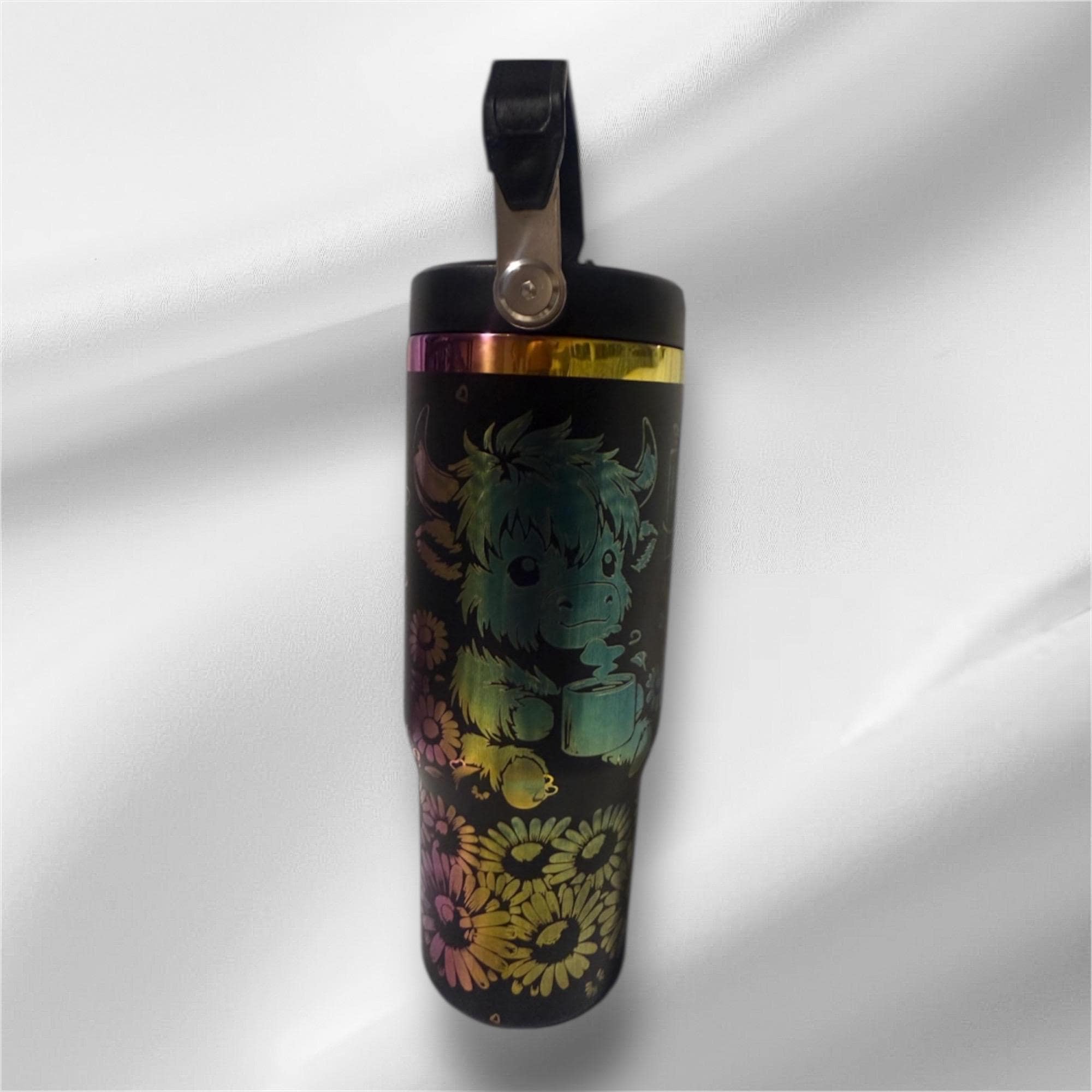 30z Rainbow Plated Highland Cow Tumbler | Laser Engraved Tumbler | Handle, Lid and Straw Included