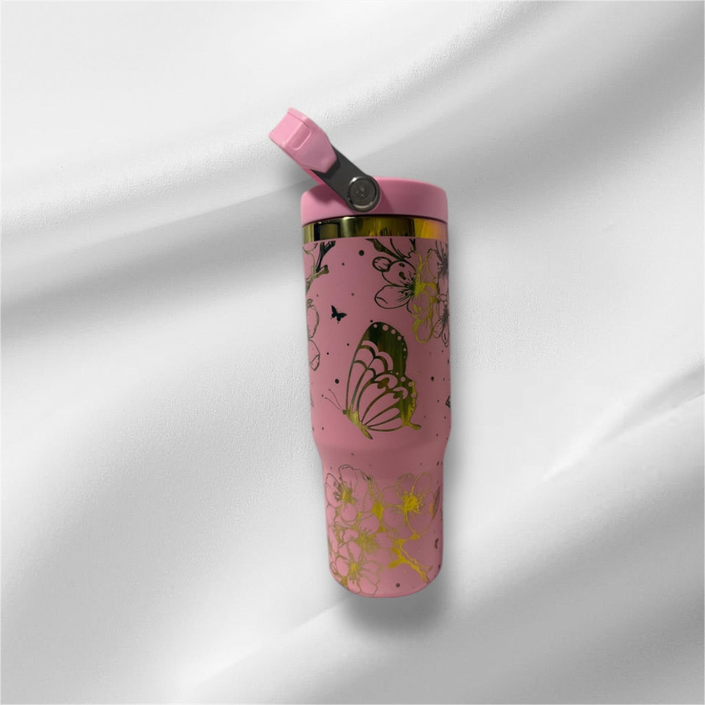 30z Rainbow Accent Cherry Blossom Tumbler | Laser Engraved Tumbler | Handle, Lid and Straw Included