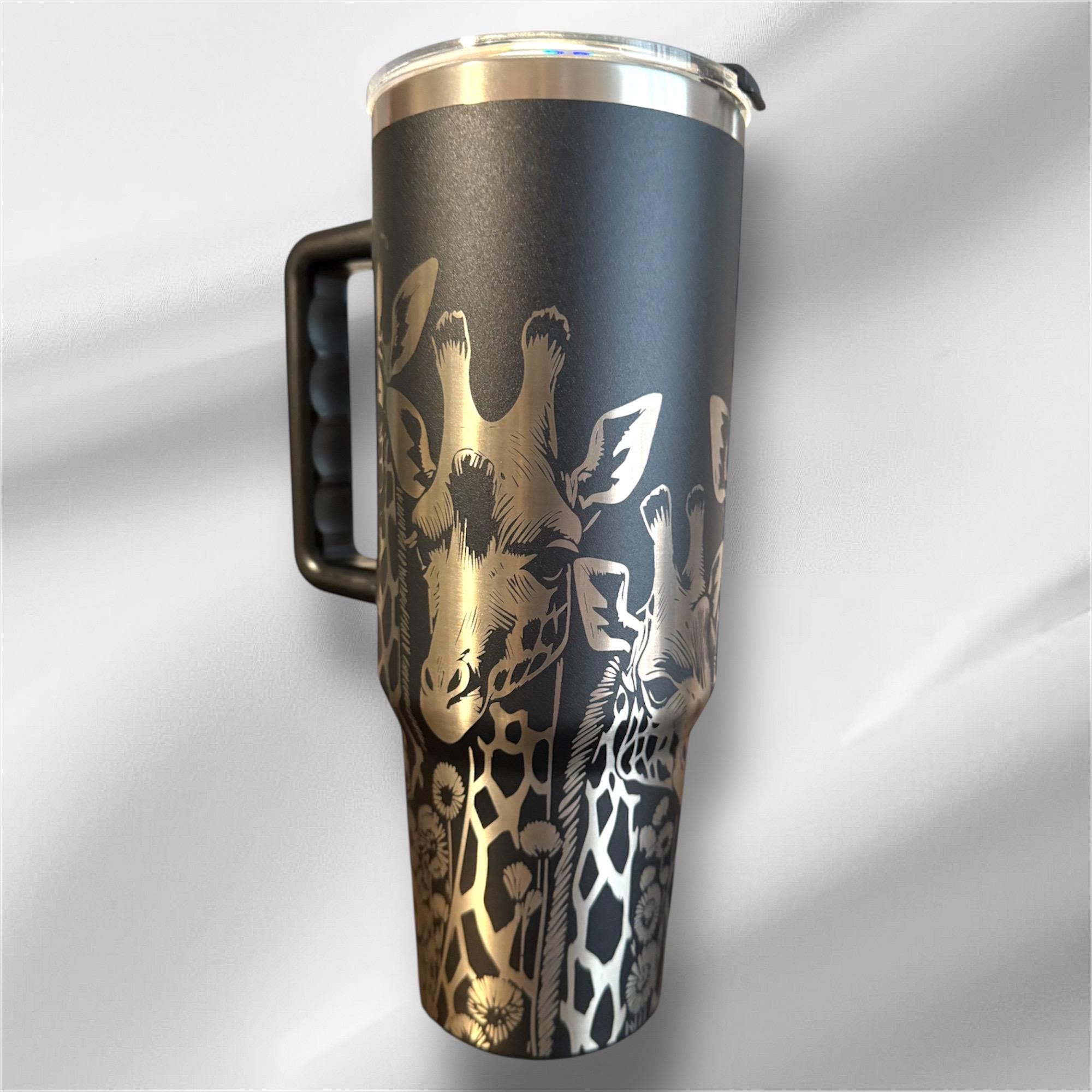 40z Black Giraffe Tumbler | Laser Engraved Tumbler | Handle, Lid and Straw Included.