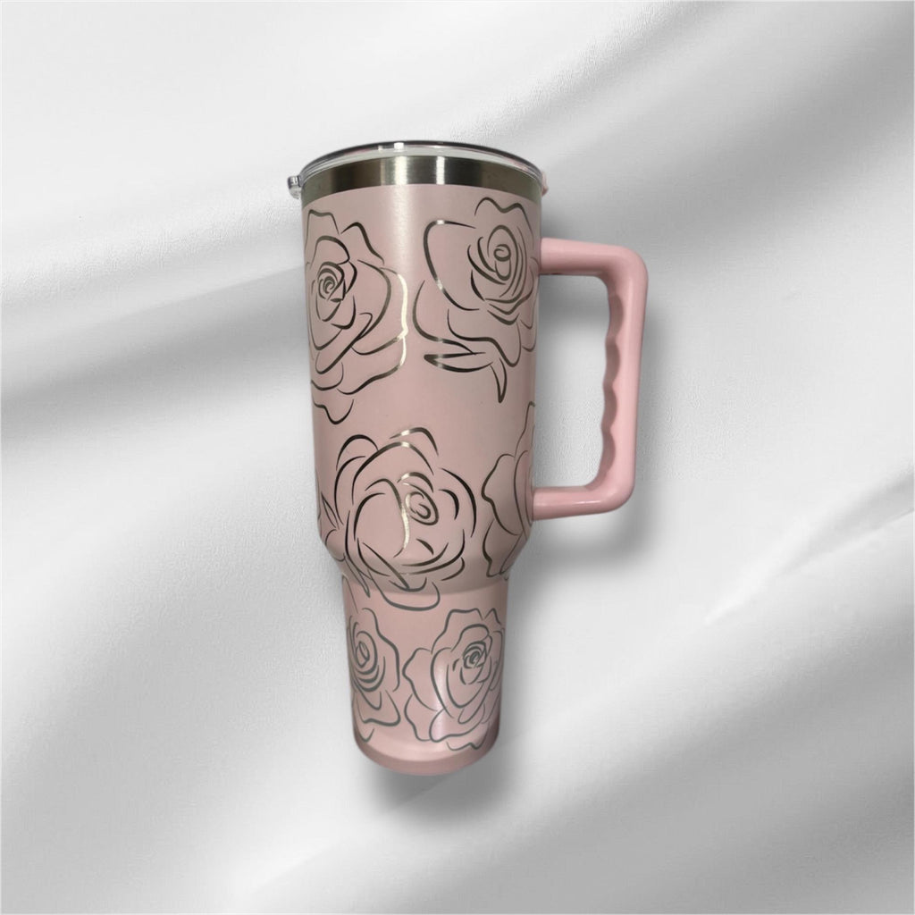 40z Rose Edition Tumbler | Laser Engraved Tumbler | Handle, Lid and Straw Included