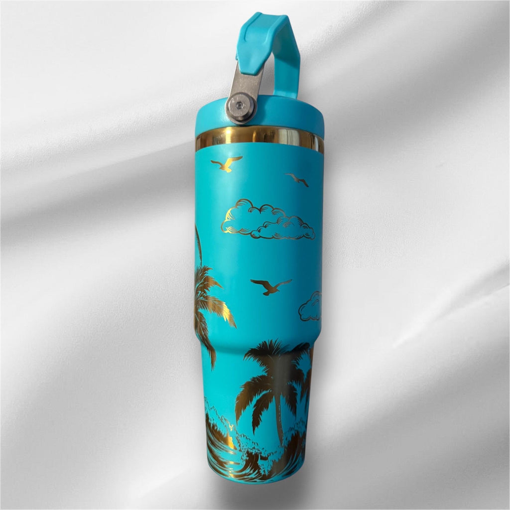 Tropical Beach Scene Tumbler | 30oz Laser Engraved Gold Plated Cup