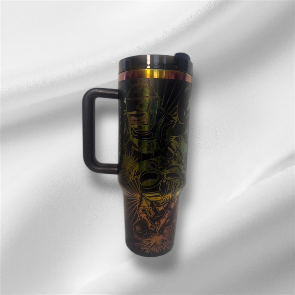 40z Black Welding Tumbler | Laser Engraved Tumbler | Handle, Lid and Straw Included.
