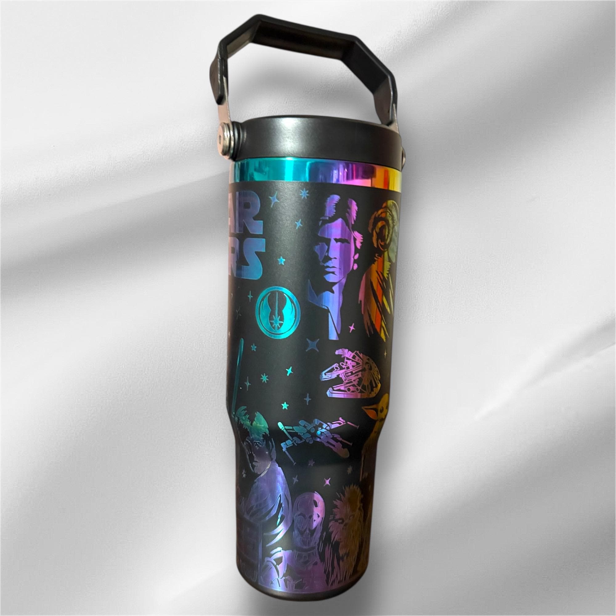 30z Rainbow Accent Star Wars Tumbler | Laser Engraved Tumbler | Handle, Lid and Straw Included   *Availble in gold plated too