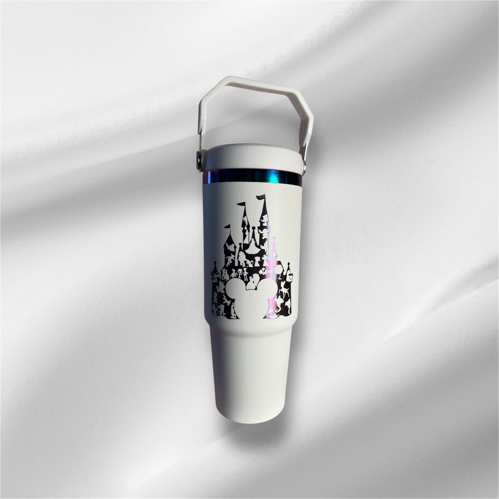 30z Rainbow Accent Disney Castle Tumbler | Laser Engraved Tumbler | Handle, Lid and Straw Included