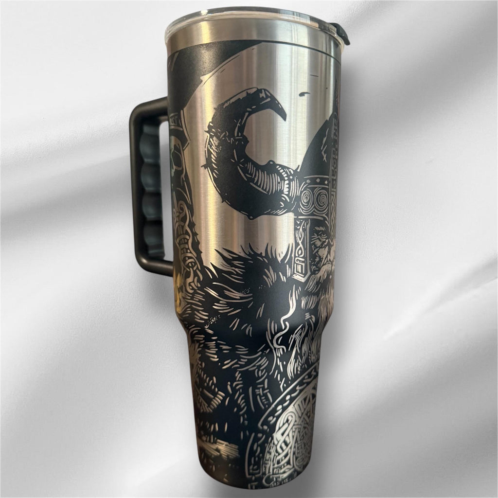 40z Black Viking Tumbler | Laser Engraved Tumbler | Handle, Lid and Straw Included.