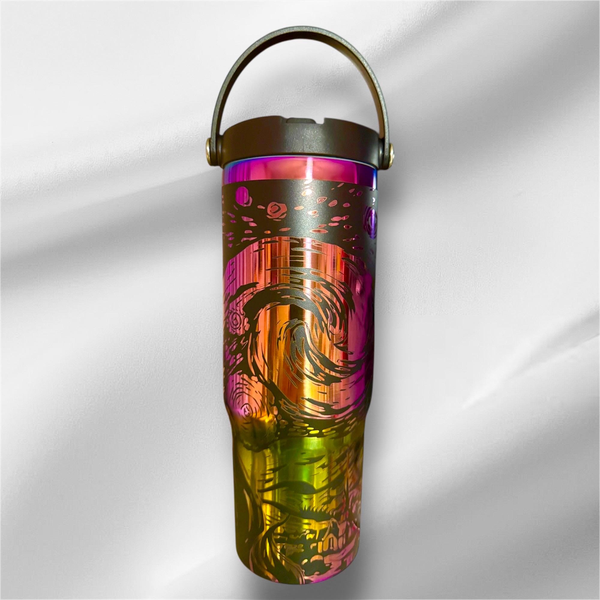 30z Rainbow Accent Van Gogh Starry Night Tumbler | Laser Engraved Tumbler | Handle, Lid and Straw Included   *Availble in gold plated too