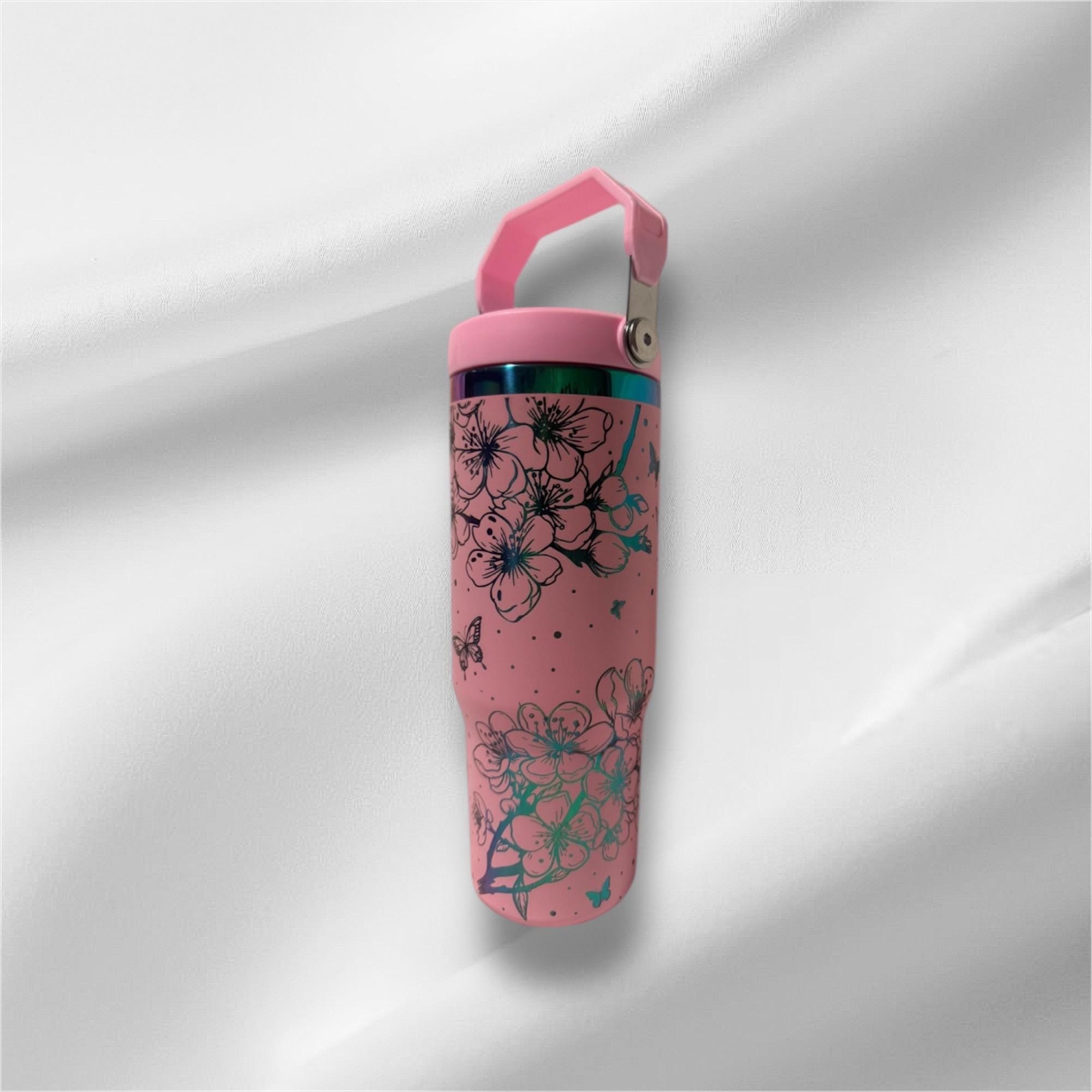 30z Rainbow Accent Cherry Blossom Tumbler | Laser Engraved Tumbler | Handle, Lid and Straw Included