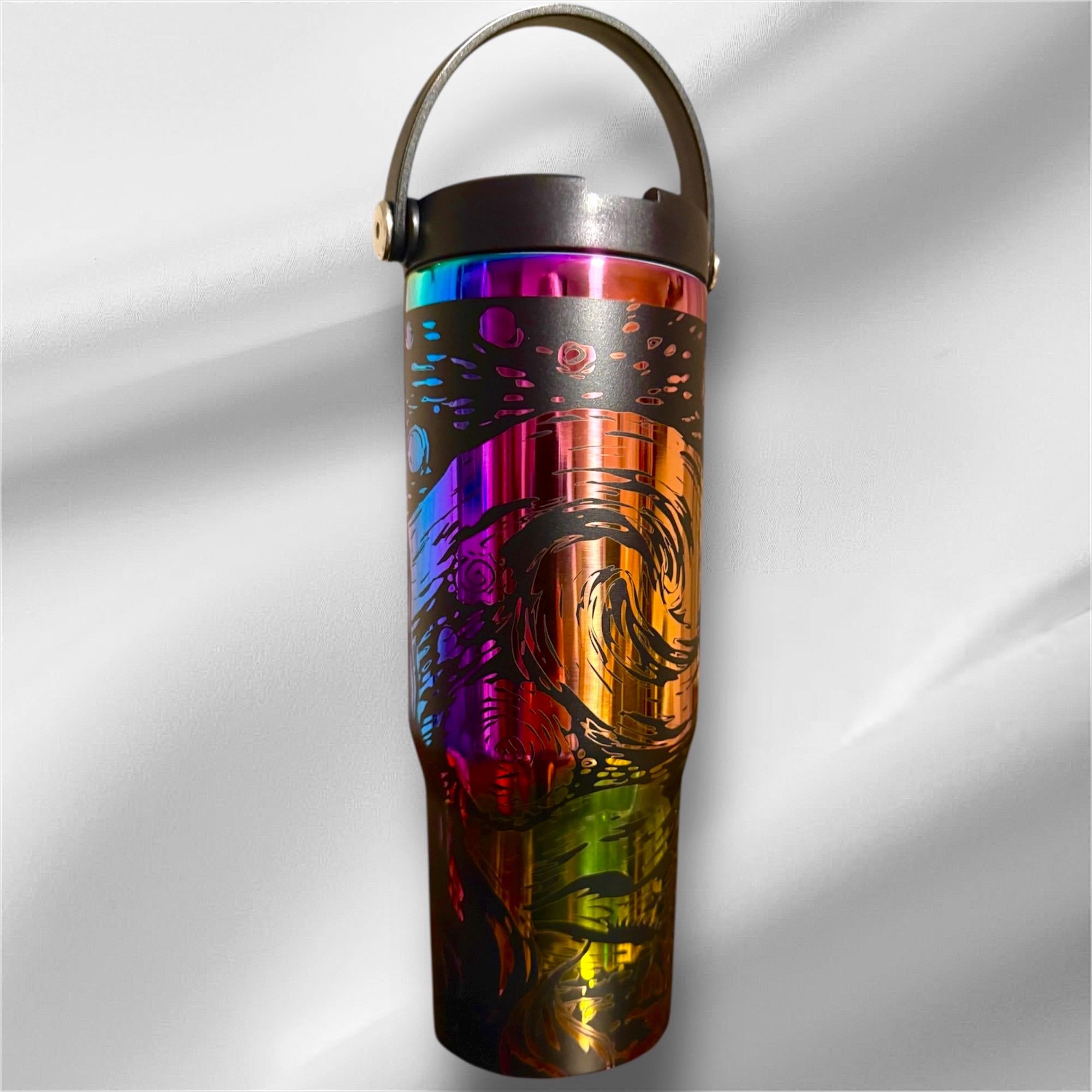 30z Rainbow Accent Van Gogh Starry Night Tumbler | Laser Engraved Tumbler | Handle, Lid and Straw Included   *Availble in gold plated too
