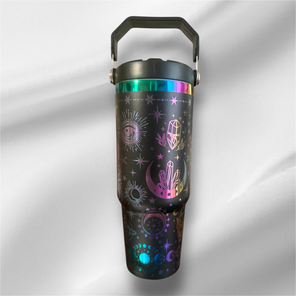 30z Rainbow Accent Cellestial Tumbler | Laser Engraved Tumbler | Handle, Lid and Straw Included