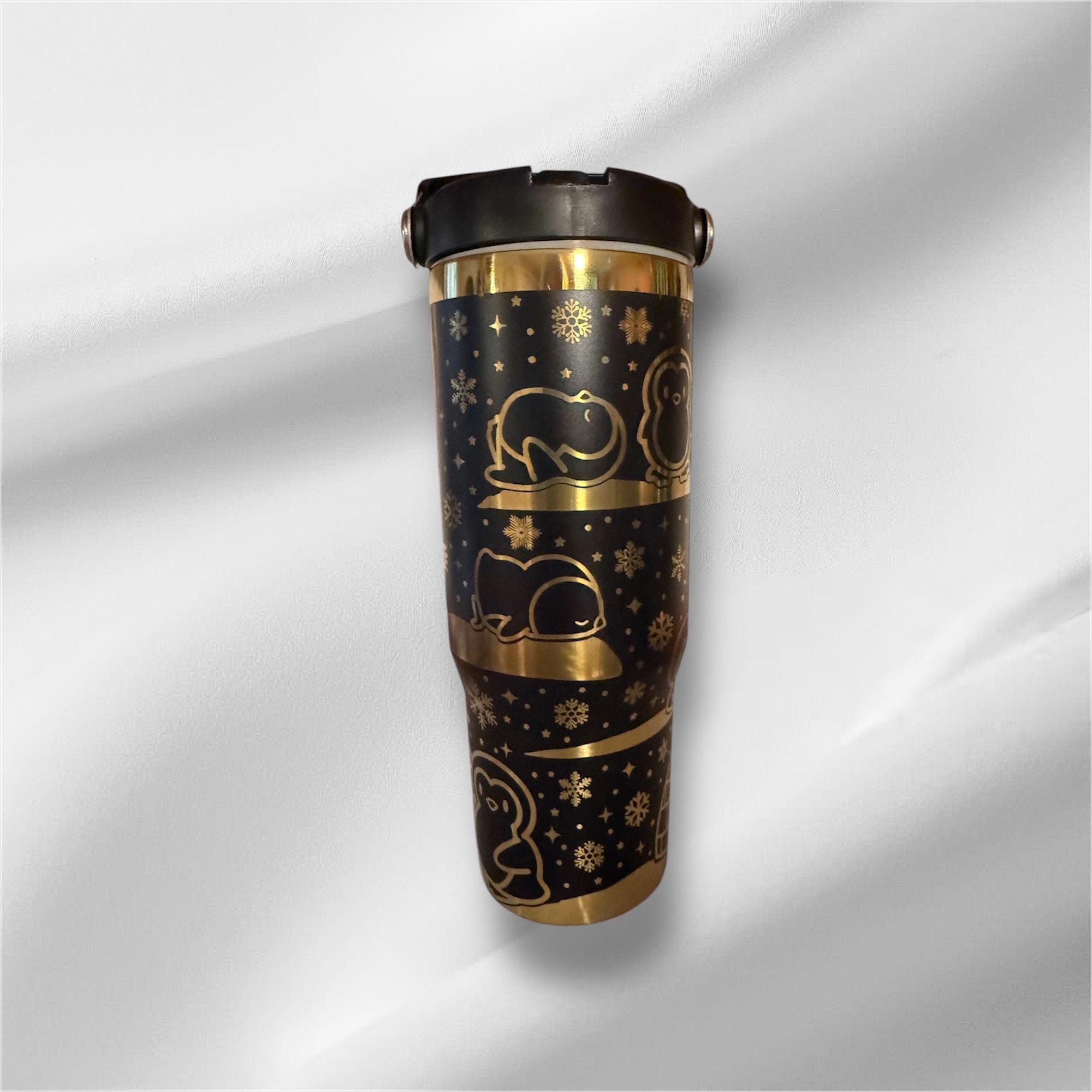 30z Gold Accent Penguins Tumbler | Laser Engraved Tumbler | Handle, Lid and Straw Included