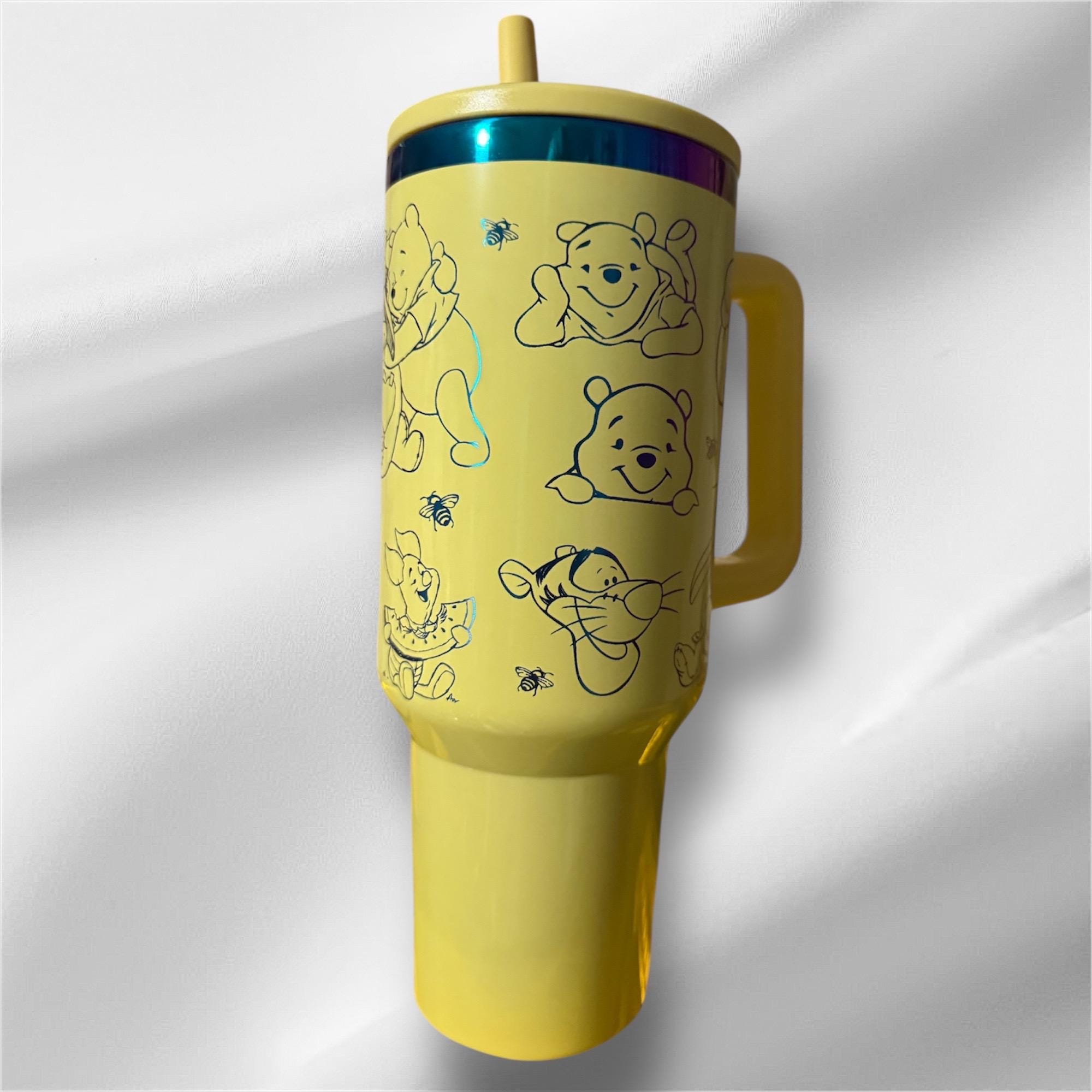 Winnie the Pooh Tumbler: 40 oz Yellow Rainbow Plated Laser Engraved Cup