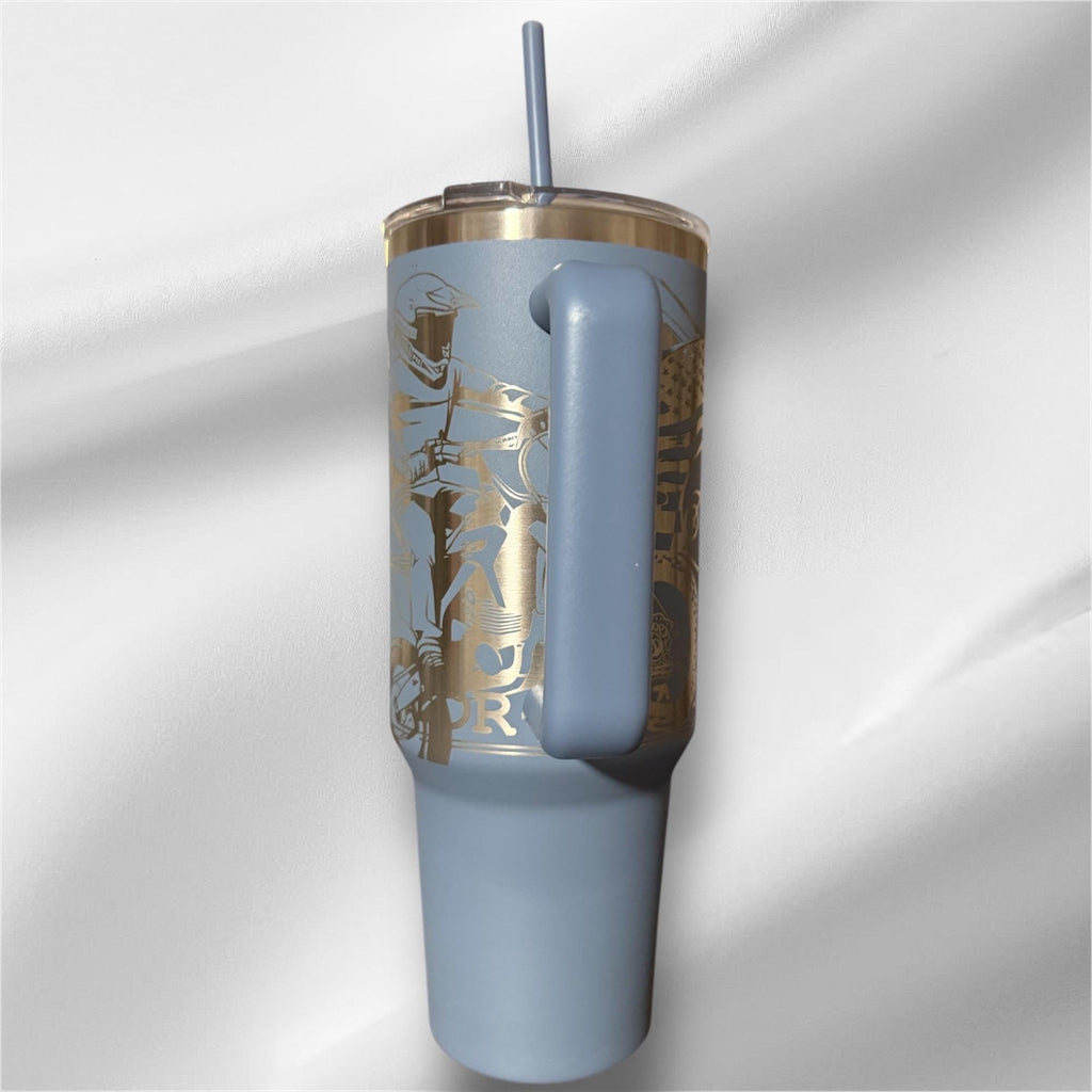 40z Dirt Bike Racer Tumbler | Laser Engraved Tumbler | Handle, Lid and Straw Included.