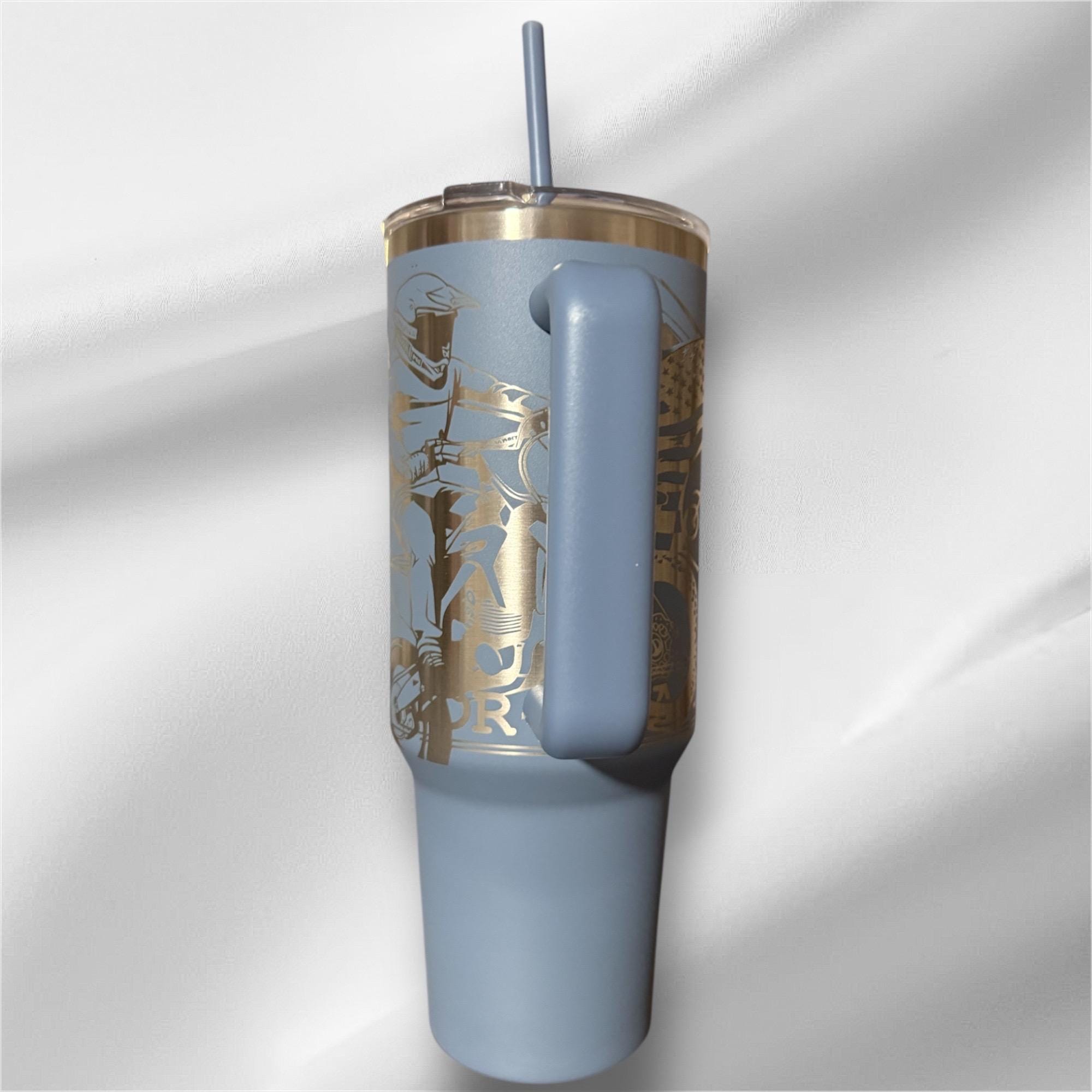 40z Dirt Bike Racer Tumbler | Laser Engraved Tumbler | Handle, Lid and Straw Included.