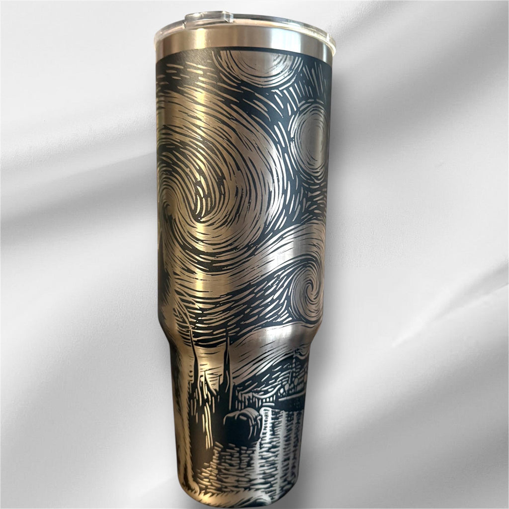 40z Black Cat Van Gogh Tumbler | Laser Engraved Tumbler | Handle, Lid and Straw Included.