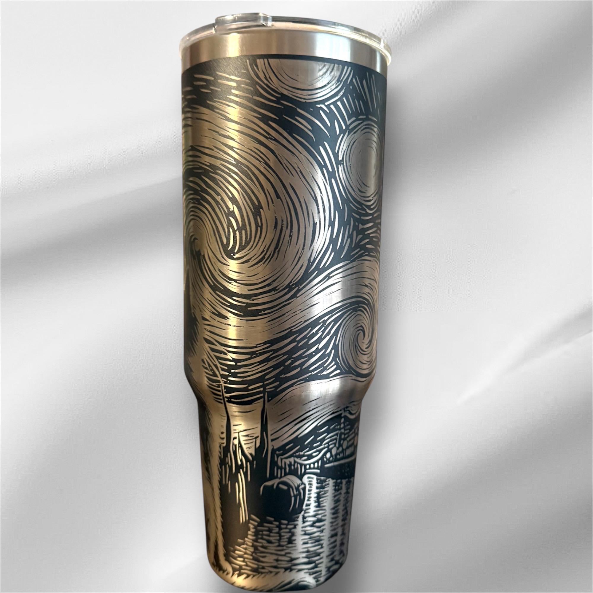 40z Black Cat Van Gogh Tumbler | Laser Engraved Tumbler | Handle, Lid and Straw Included.
