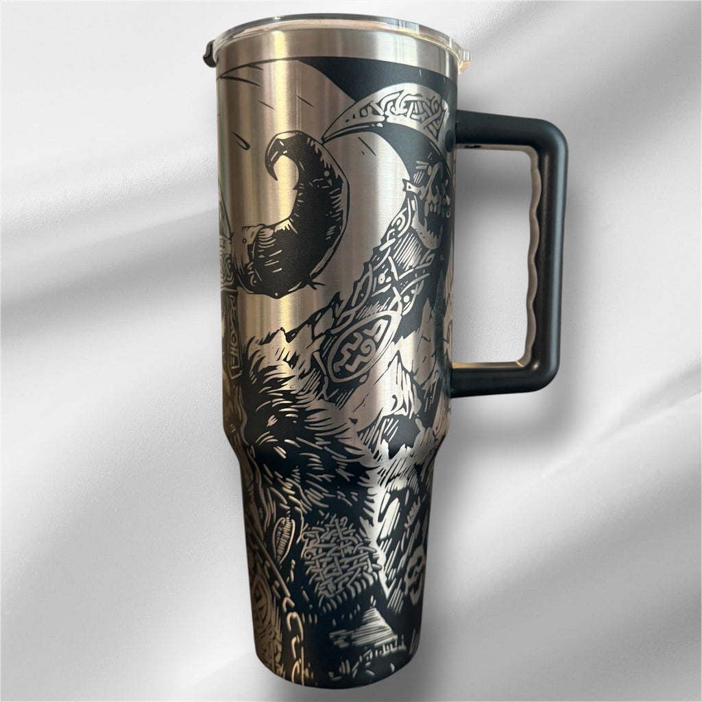 40z Black Viking Tumbler | Laser Engraved Tumbler | Handle, Lid and Straw Included.