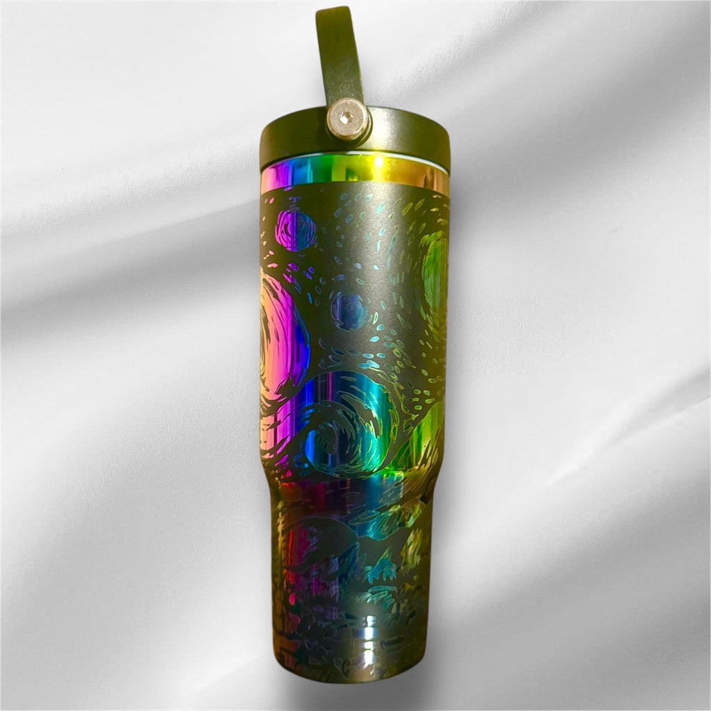 30z Rainbow Accent Van Gogh Starry Night Tumbler | Laser Engraved Tumbler | Handle, Lid and Straw Included   *Availble in gold plated too