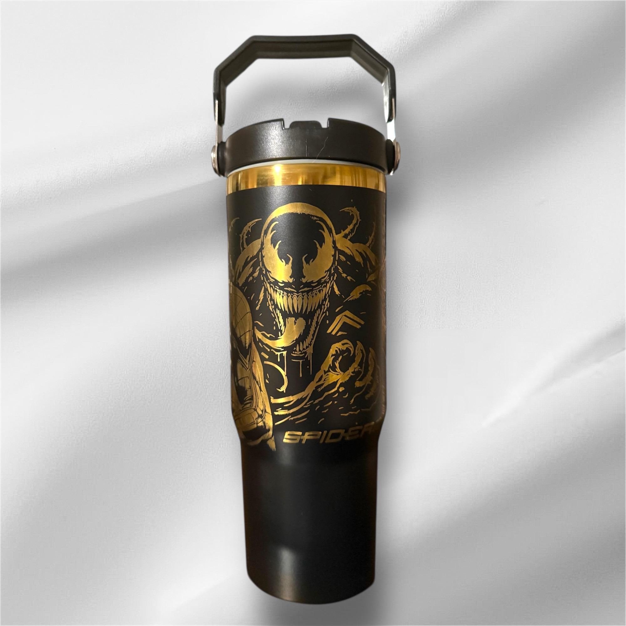 30z Gold Accent Spider-Man Tumbler | Laser Engraved Tumbler | Handle, Lid and Straw Included