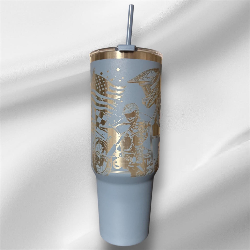 40z Dirt Bike Racer Tumbler | Laser Engraved Tumbler | Handle, Lid and Straw Included.