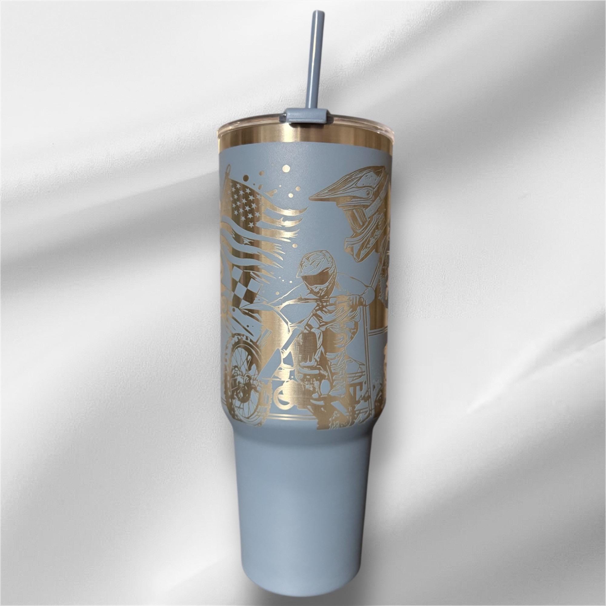 40z Dirt Bike Racer Tumbler | Laser Engraved Tumbler | Handle, Lid and Straw Included.
