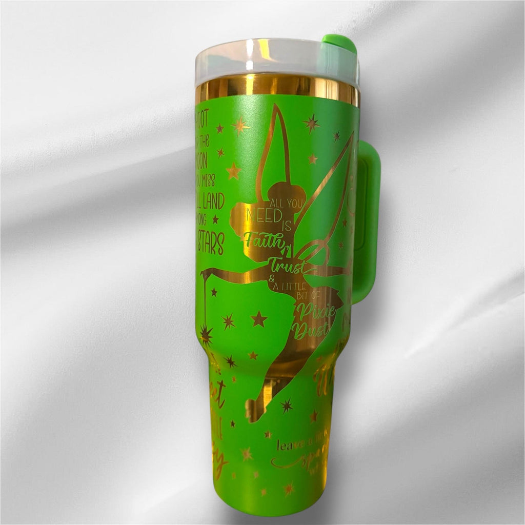 40z Green Gold Plated Tinker Bell Tumbler | Laser Engraved Tumbler | Handle, Lid and Straw Included