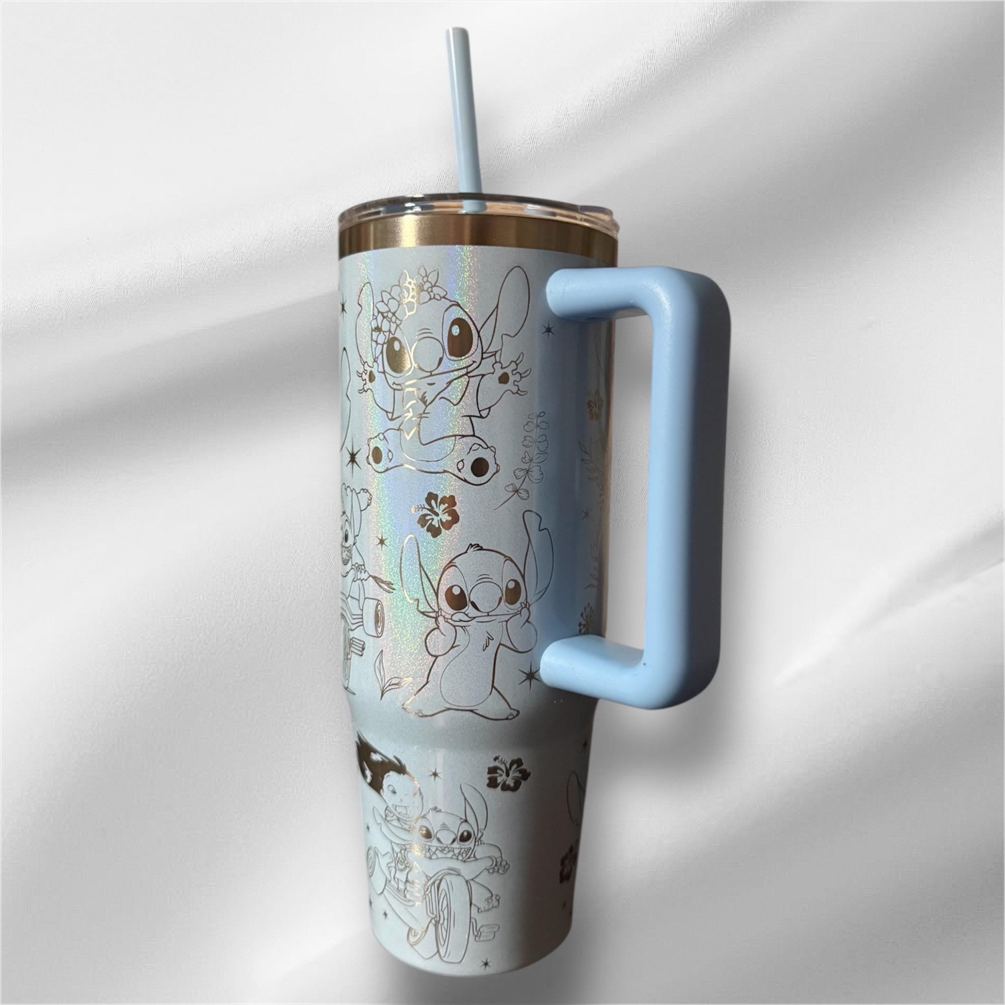 Stitch and Lilo Laser Engraved 30oz Tumbler | Pearlized Blue, Handle, Lid & Straw