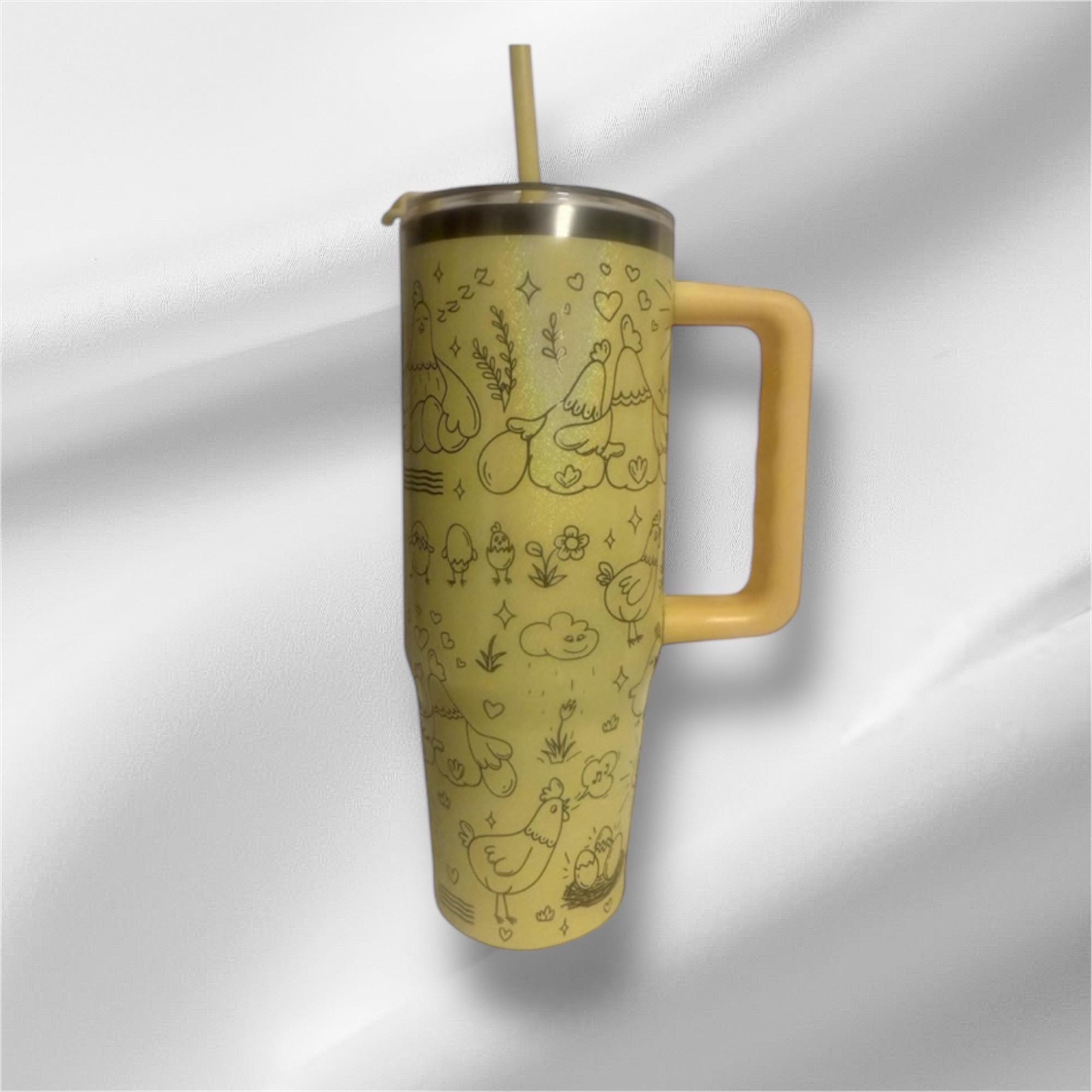 30z Yellow Pearlized Chicken Doodle Tumbler | Laser Engraved Tumbler | Handle, Lid and Straw Included