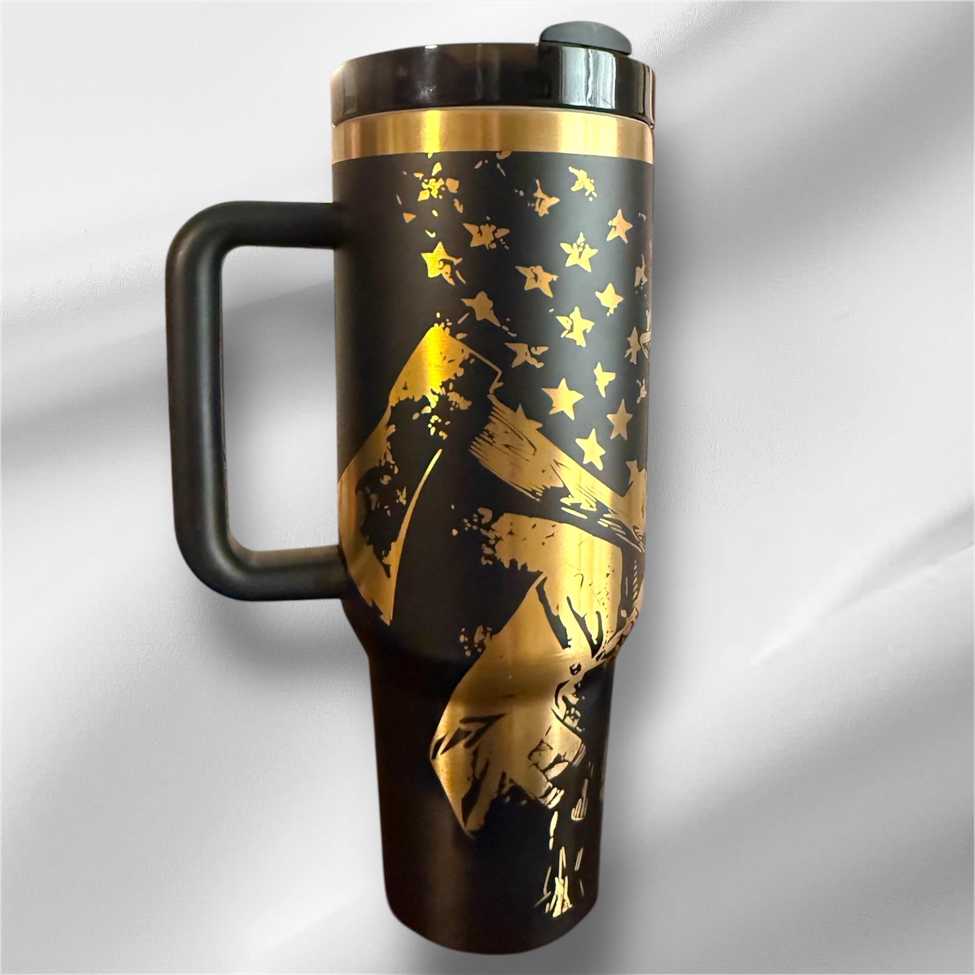 40oz Firefighter Tumbler | Gold plated Laser Engraved Tumbler | Handle, Lid and Straw Included