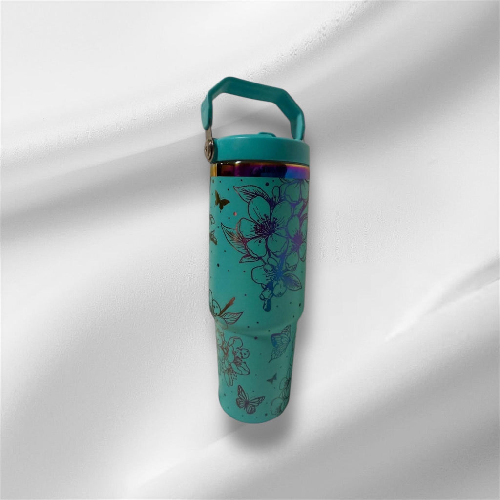 30z Rainbow Accent Cherry Blossom Tumbler | Laser Engraved Tumbler | Handle, Lid and Straw Included