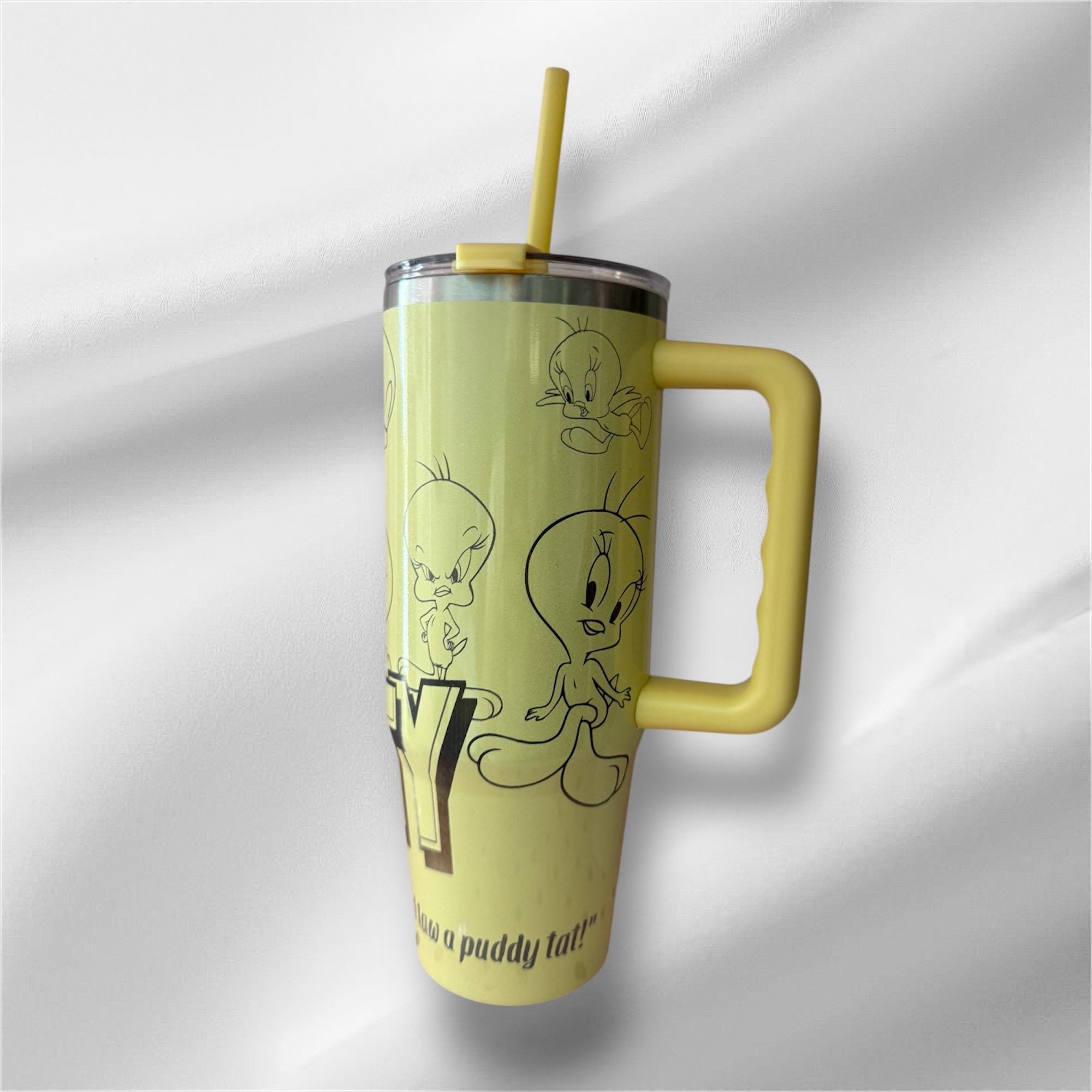 30z Yellow Pearlized Tweety Bird Tumbler | Laser Engraved Tumbler | Handle, Lid and Straw Included