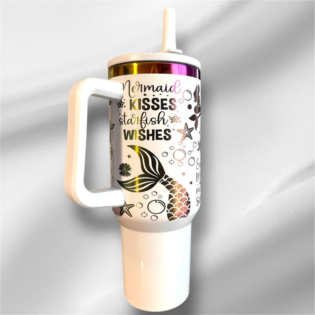 Mermaid Seascape Flip Top Straw Tumbler - 40 oz Rainbow Accent, Laser Engraved